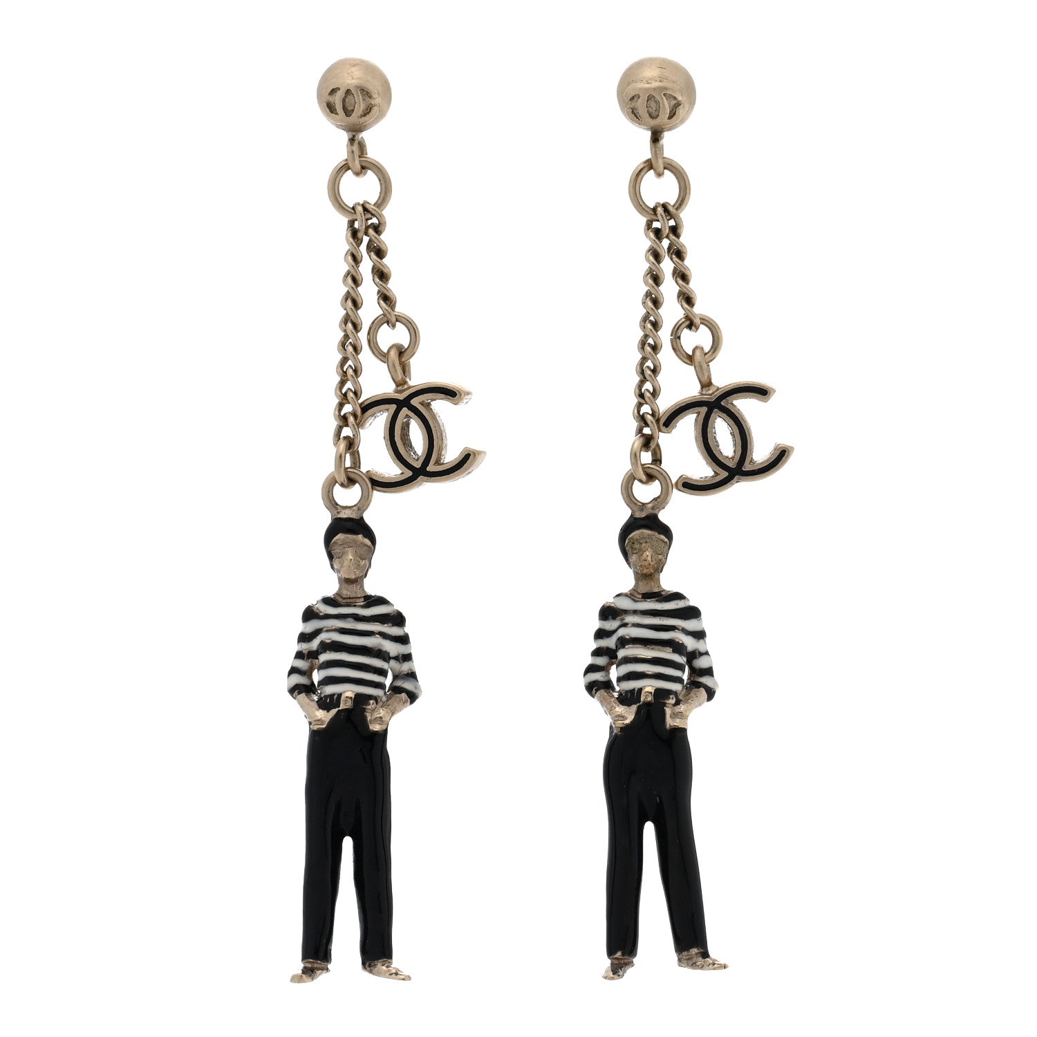 Crystal Enamel CC Doll Drop Earrings White Black Gold
