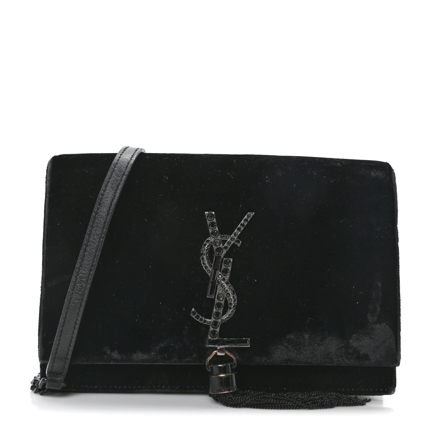 Velvet Crystal Monogram Kate Tassel Chain Wallet Black