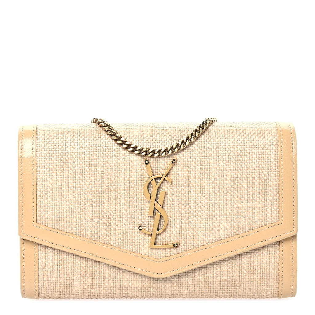 Micro Raffia Monogram Uptown Chain Wallet Natural Hay Blush