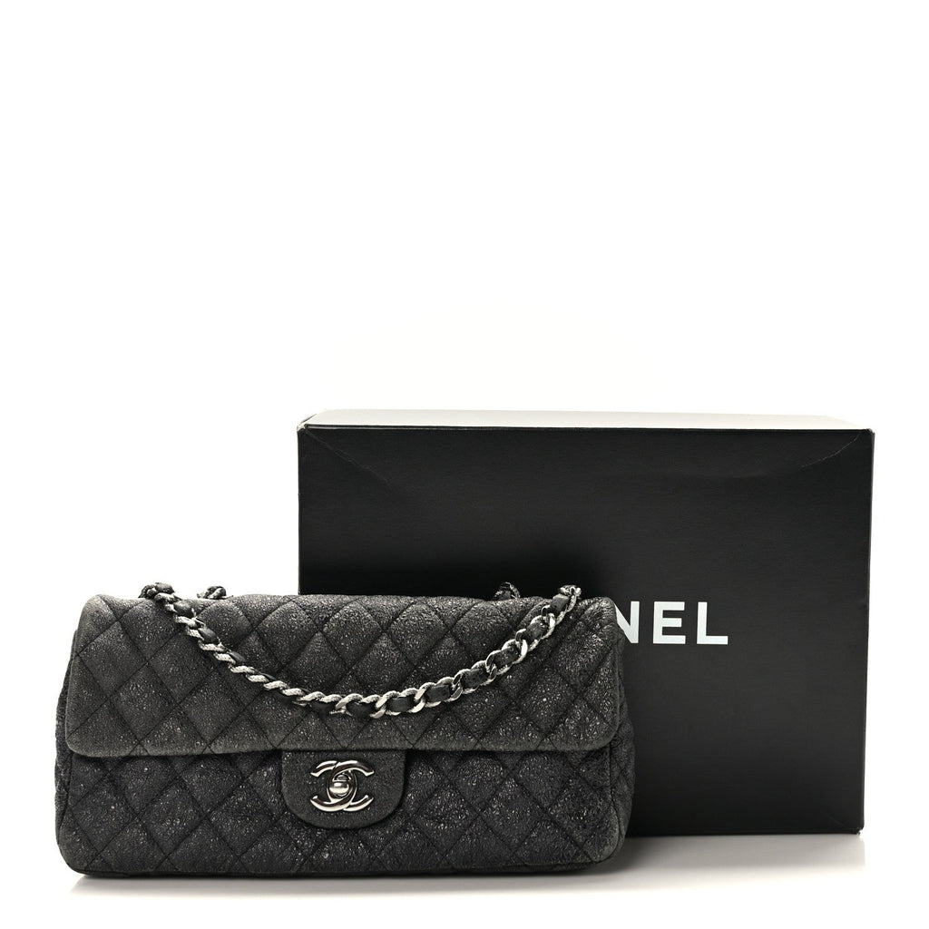 Metallic Crackled Calfskin Quilted East West Flap Navy