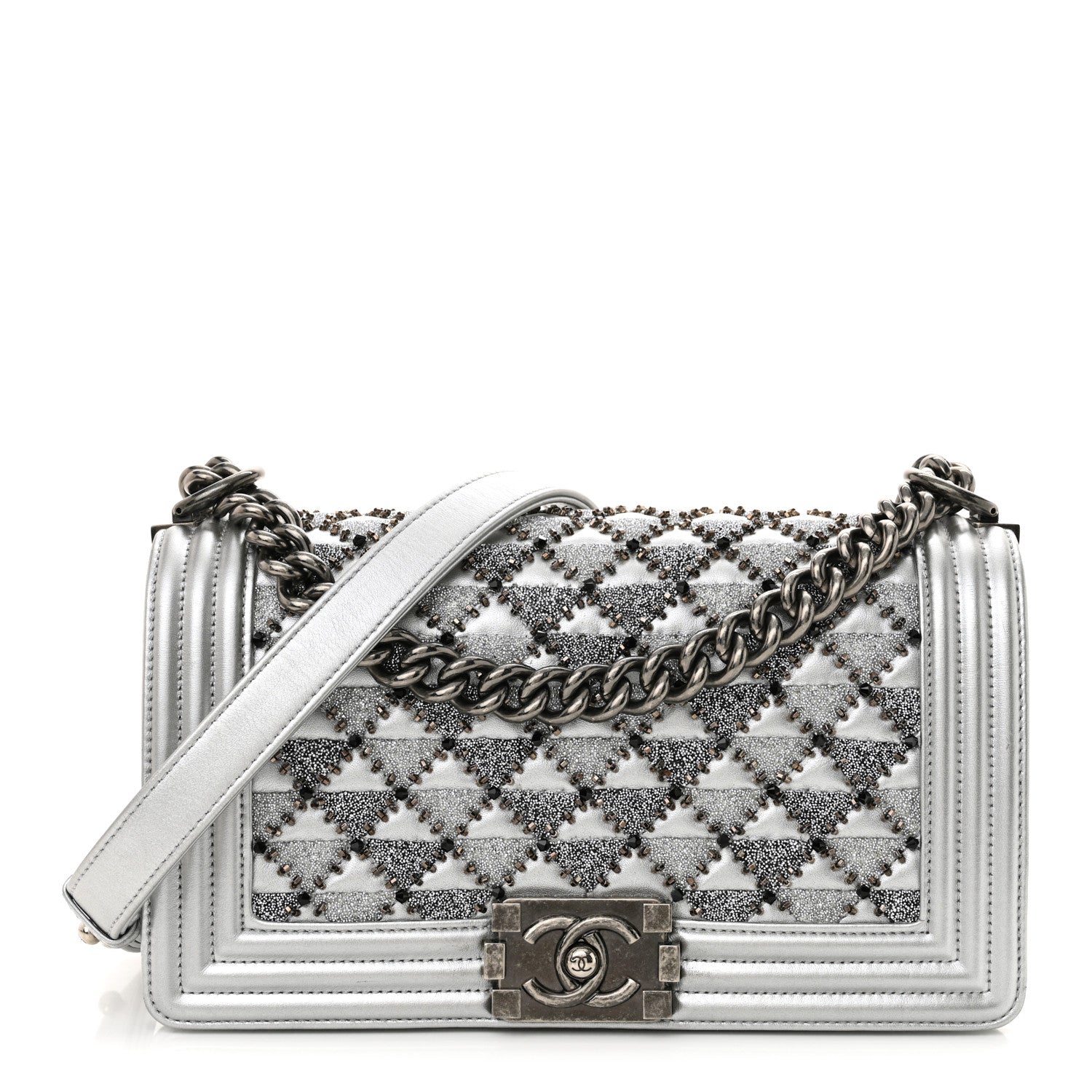 Metallic Lambskin Embellished Medium Boy Flap Silver