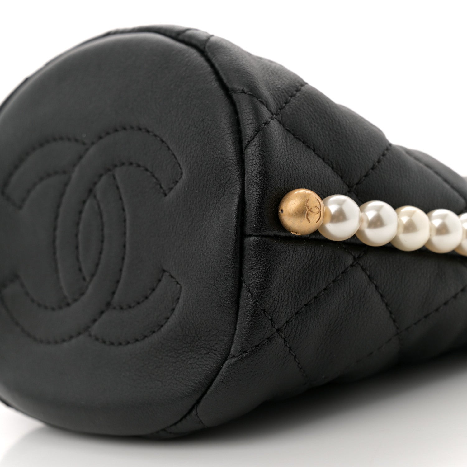 Calfskin Quilted Pearl Mini About Pearls Drawstring Bucket Bag Black