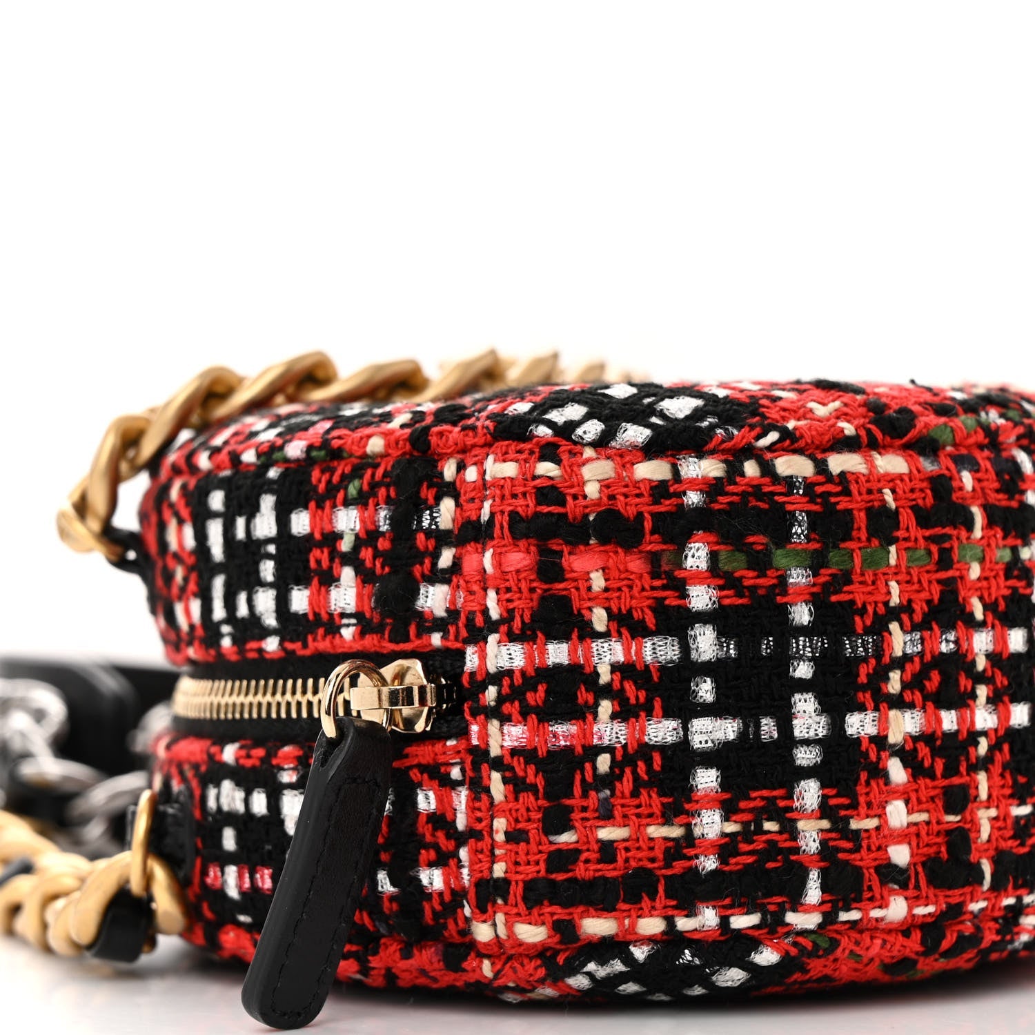 Tweed Quilted Chanel 19 Round Clutch With Chain  Red Black White Green