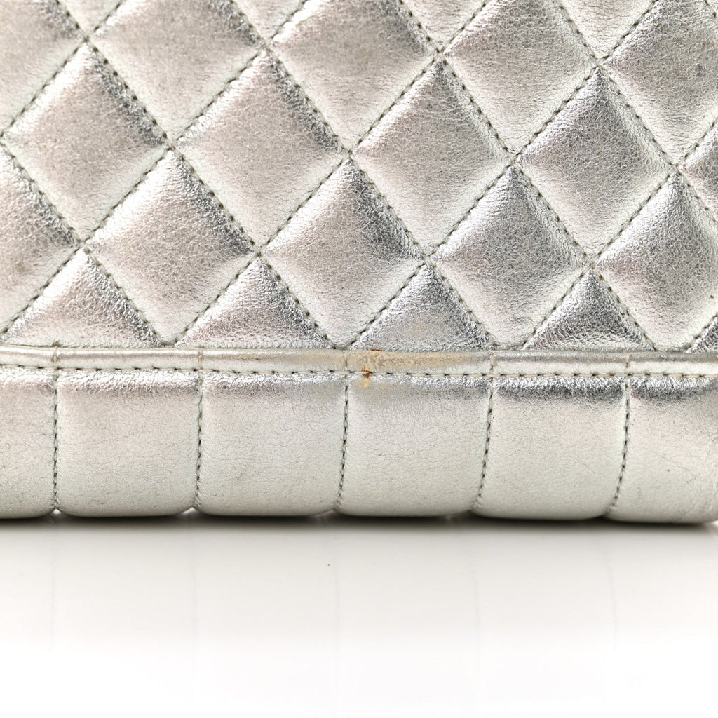 Metallic Goatskin Quilted Square Flap Shoulder Bag Silver