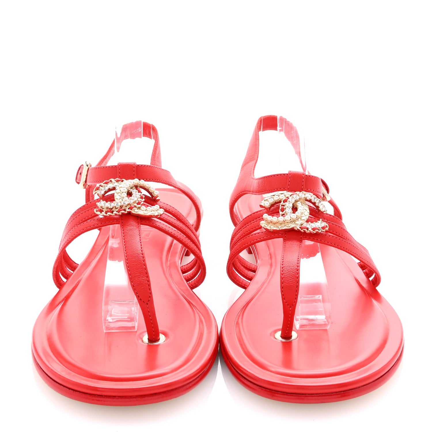 Lambskin Pearl Crystal CC Thong Sandals 38.5 Red