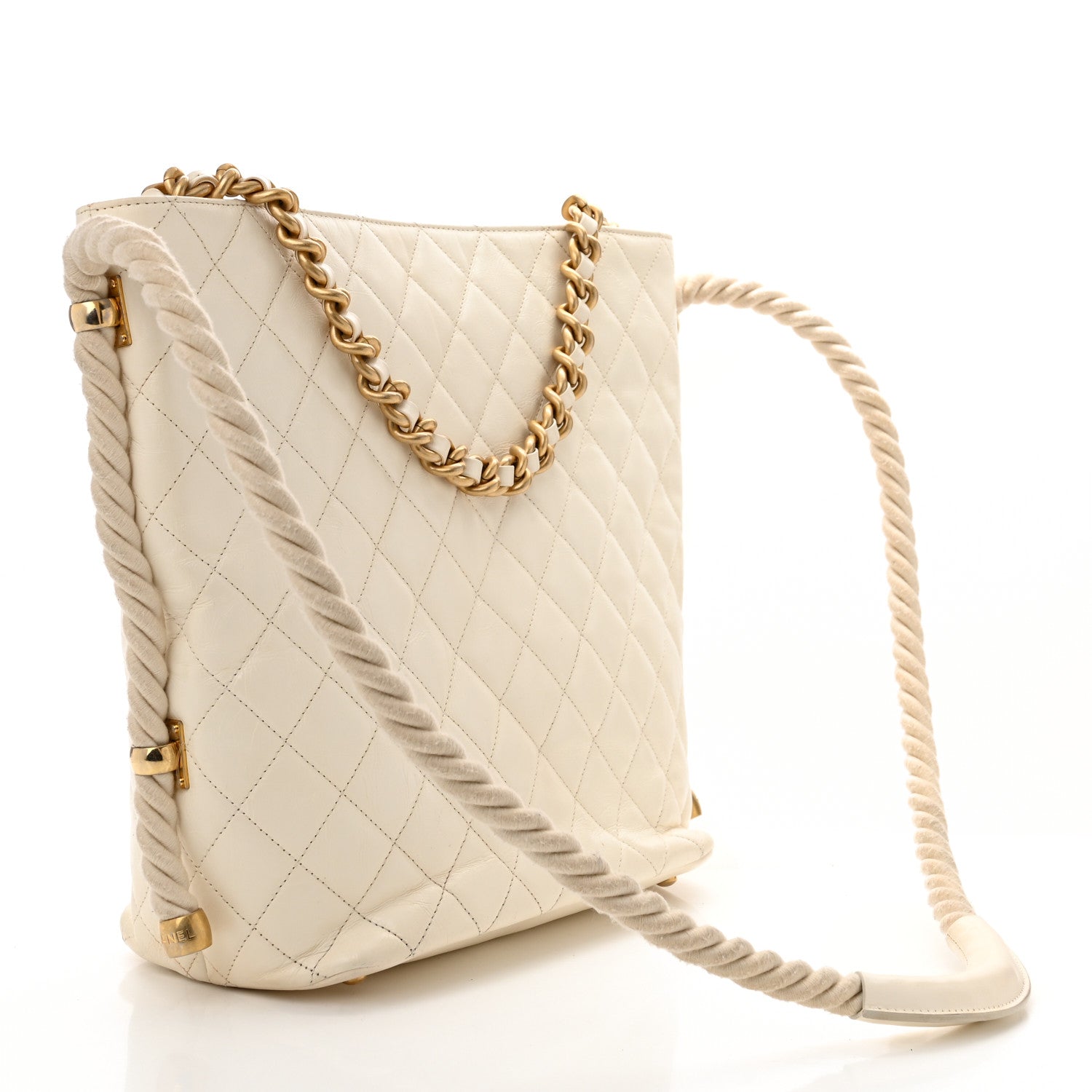 Crumpled Calfskin En Vogue Rope Hobo Bag White
