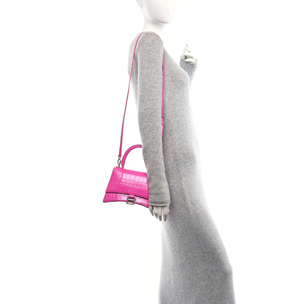 Shiny Calfskin Crocodile Embossed Small Hourglass Top Handle Bag Fuchsia