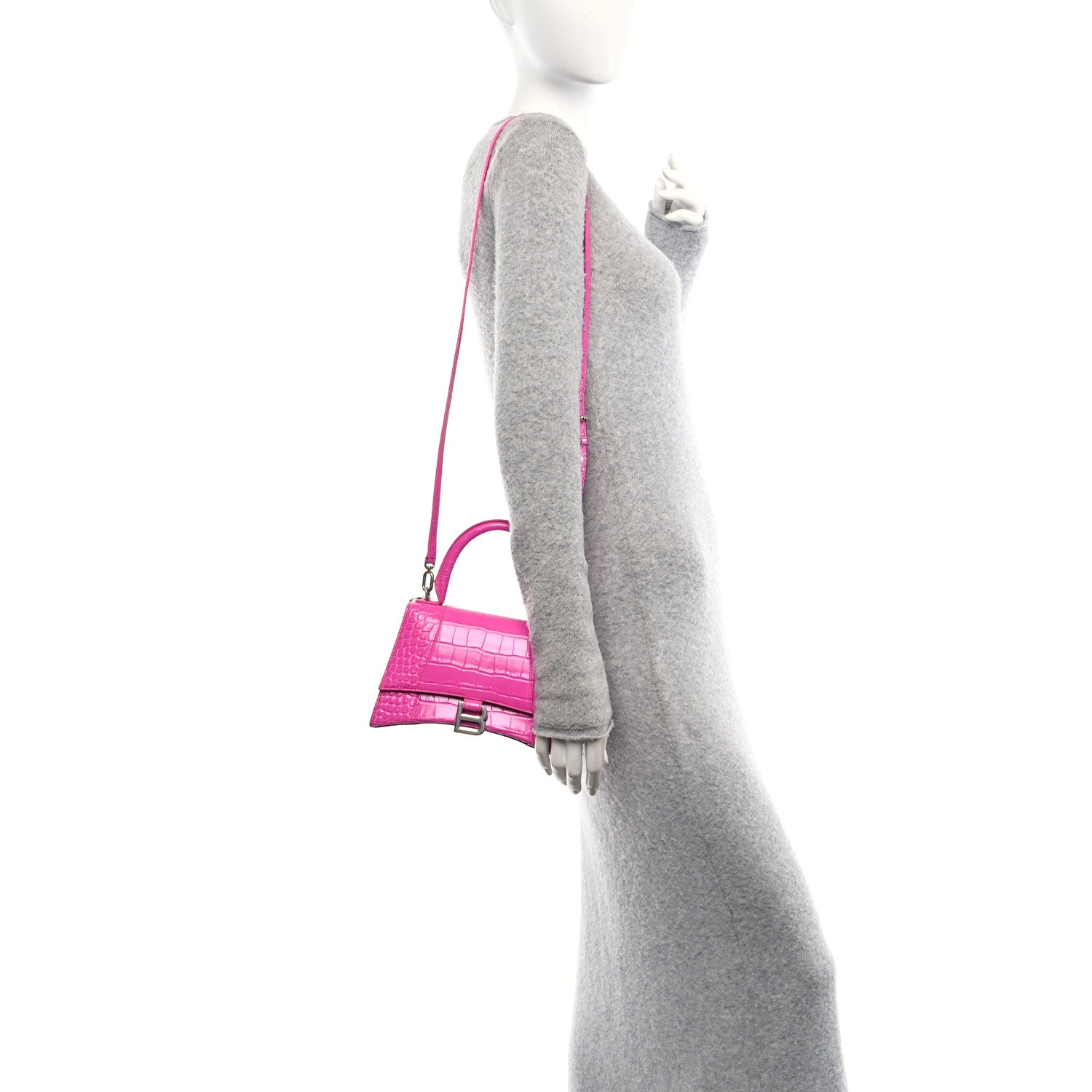 Shiny Calfskin Crocodile Embossed Small Hourglass Top Handle Bag Fuchsia