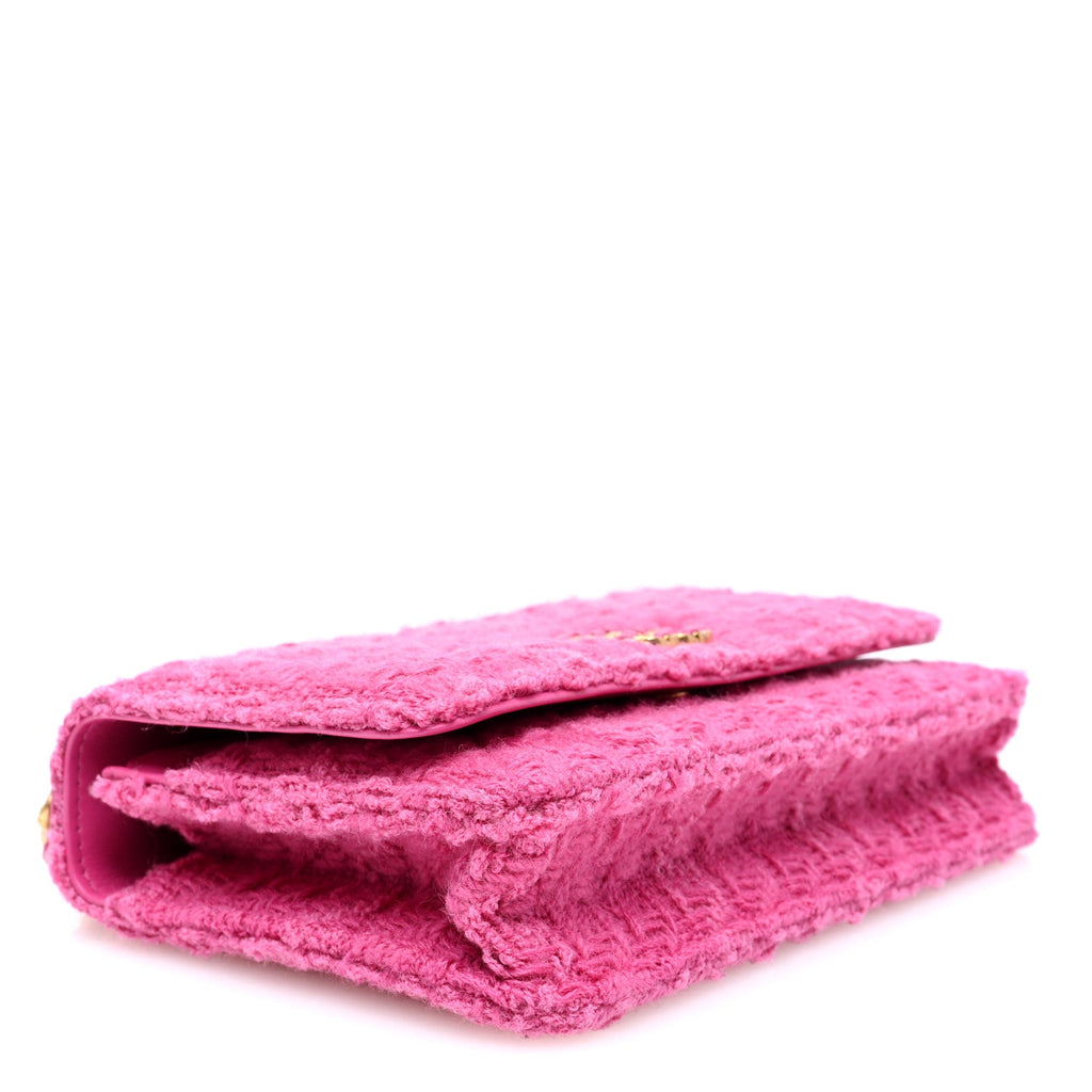 Wool Tweed Lambskin Quilted Chanel 19 Wallet On Chain WOC and Coin Purse  Fuchsia