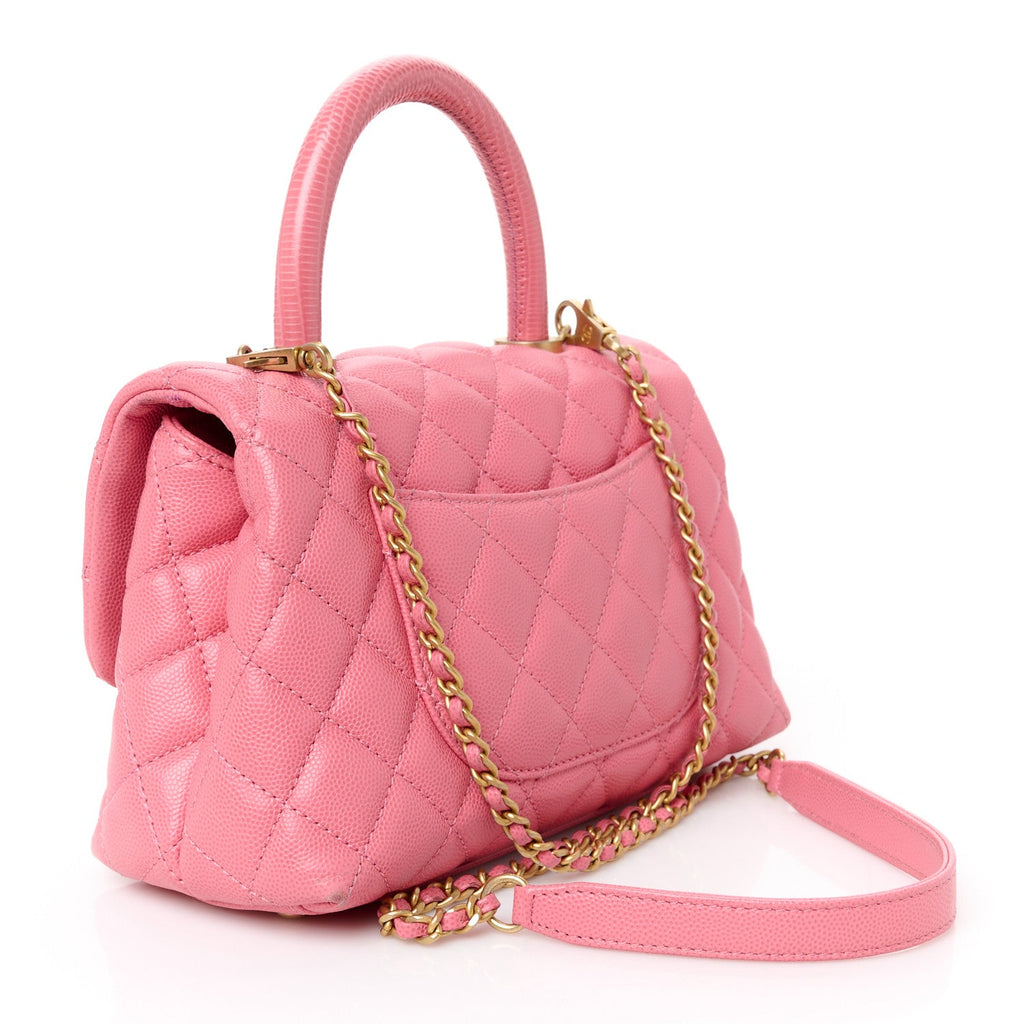 Caviar Lizard Embossed Quilted Mini Coco Handle Flap Pink