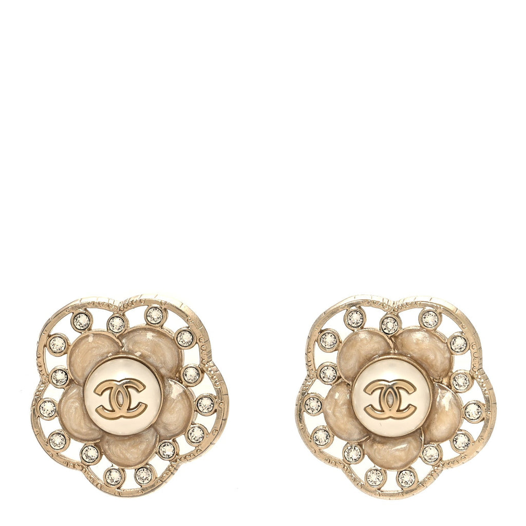 Enamel Crystal Pearl CC Camellia Earrings Pink Gold