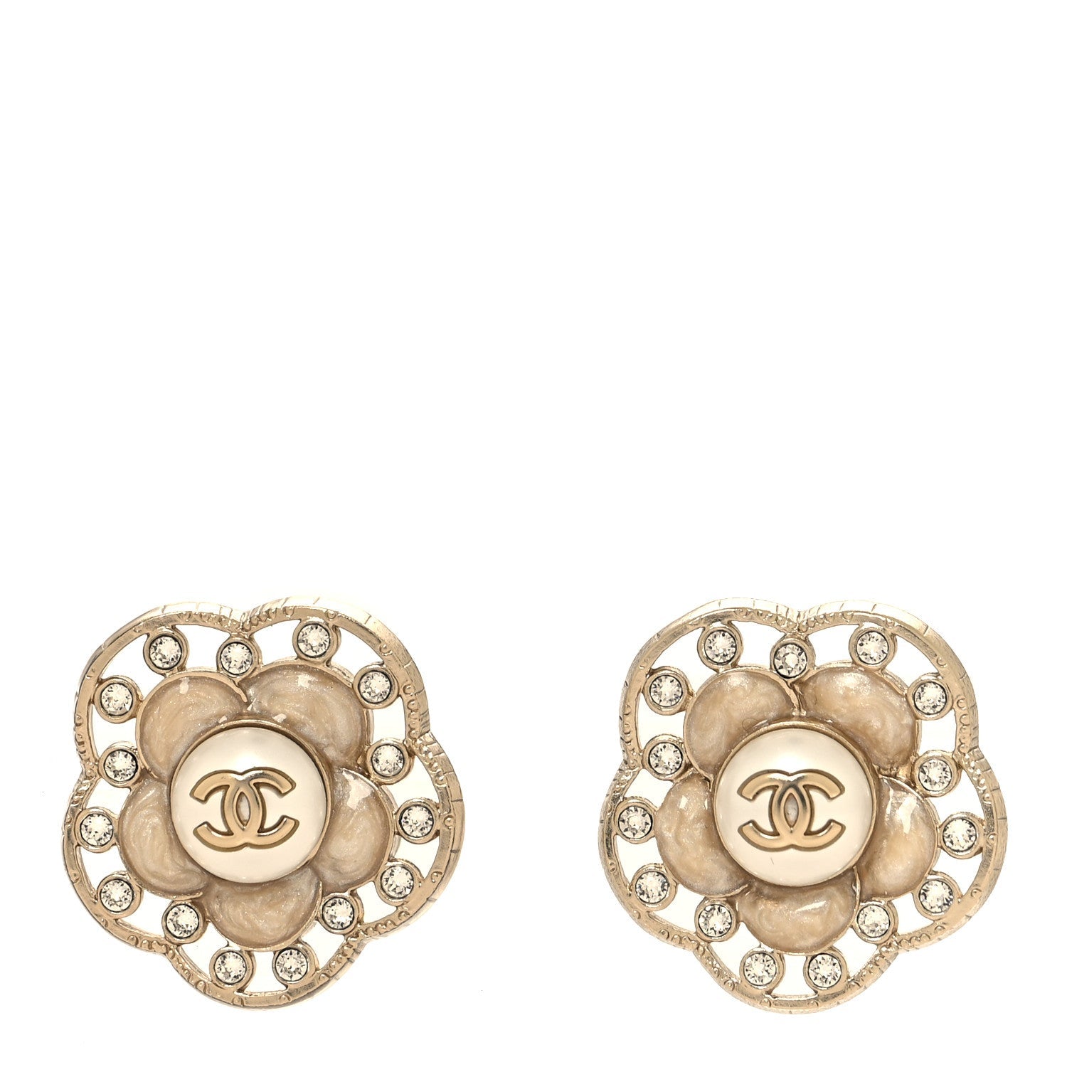 Enamel Crystal Pearl CC Camellia Earrings Pink Gold