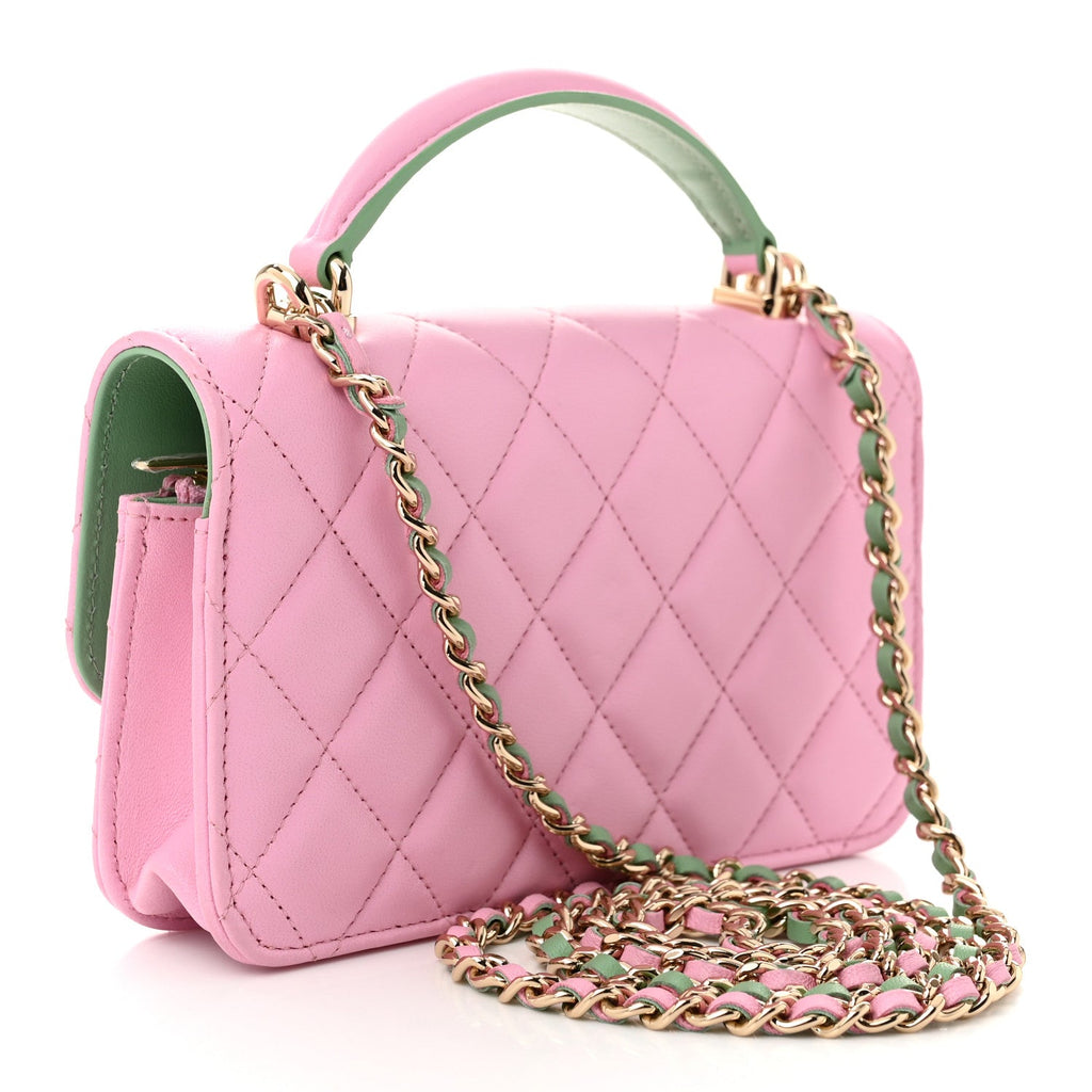 Lambskin Quilted Flap Phone Holder With Chain Lilac Light Green