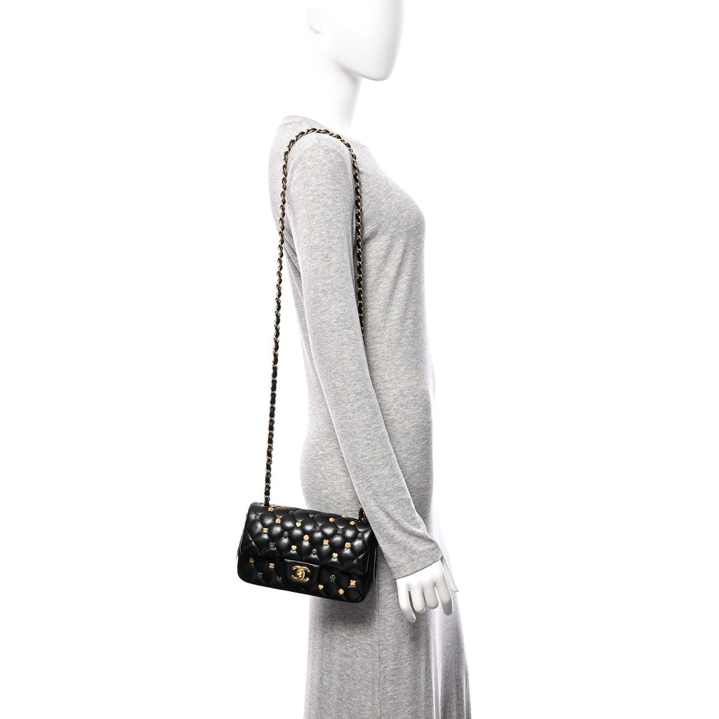 Lambskin Quilted Studded Mini Rectangular Flap Black
