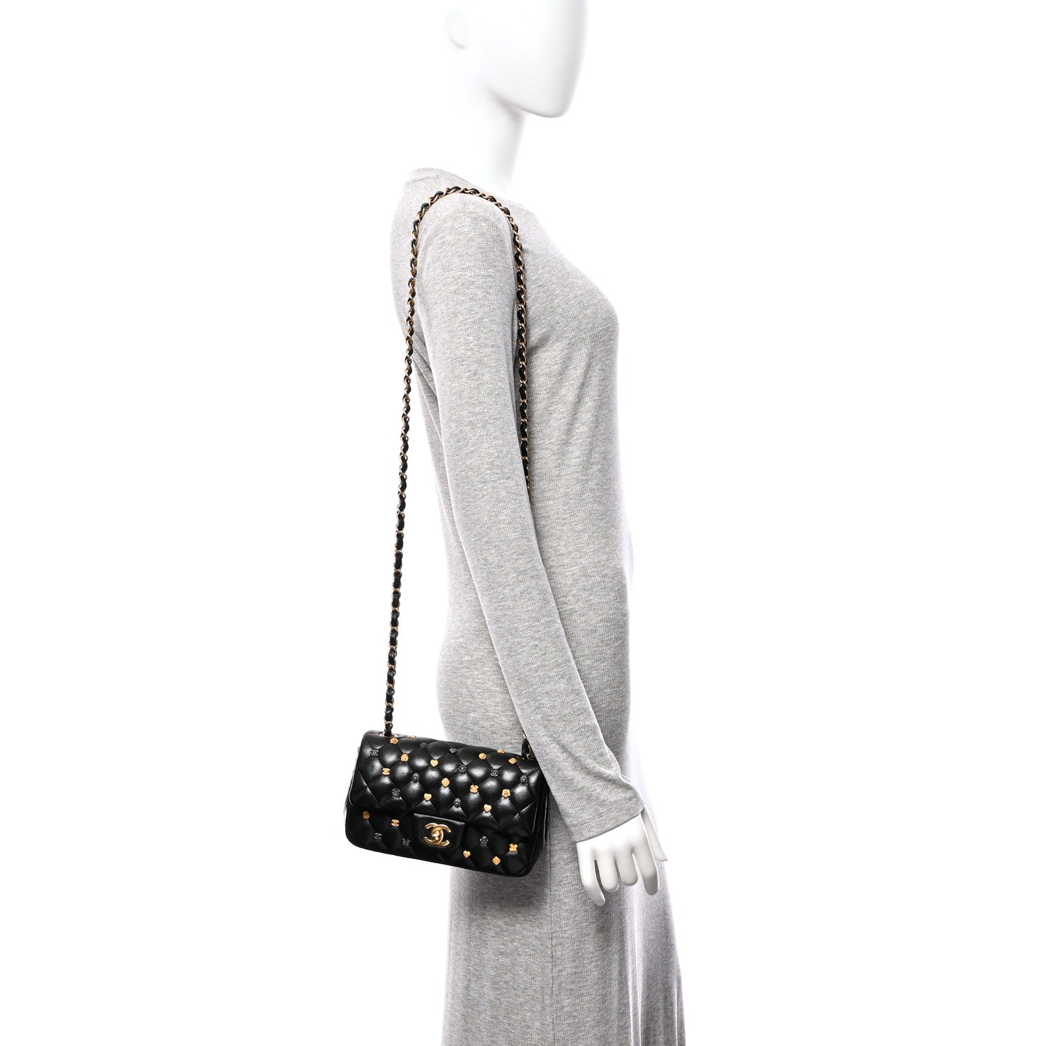 Lambskin Quilted Studded Mini Rectangular Flap Black