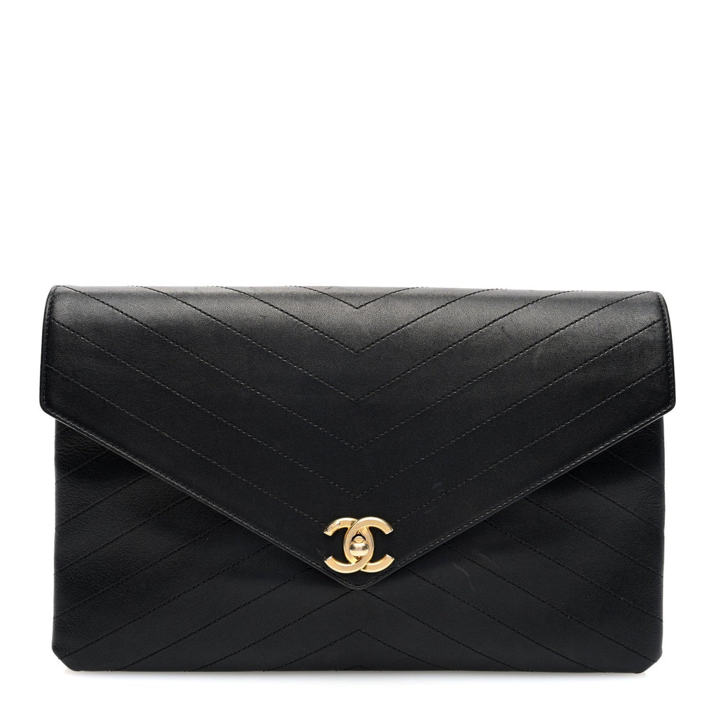 Lambskin Chevron Quilted Envelope Clutch Black
