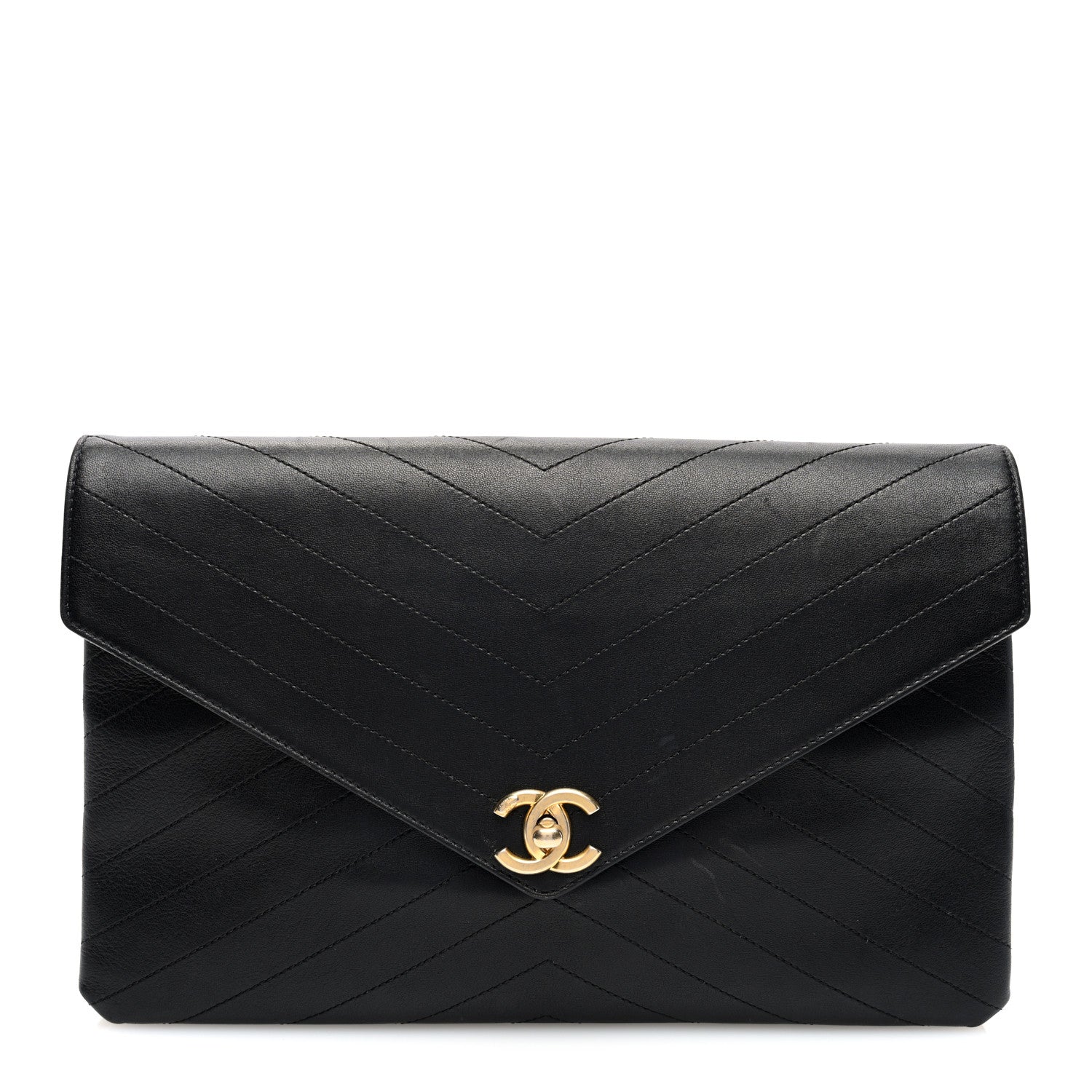 Lambskin Chevron Quilted Envelope Clutch Black