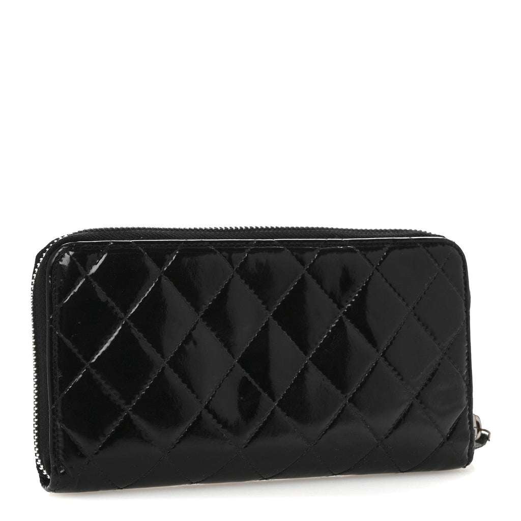 Patent Quilted Large Gusset Zip Around Wallet Black