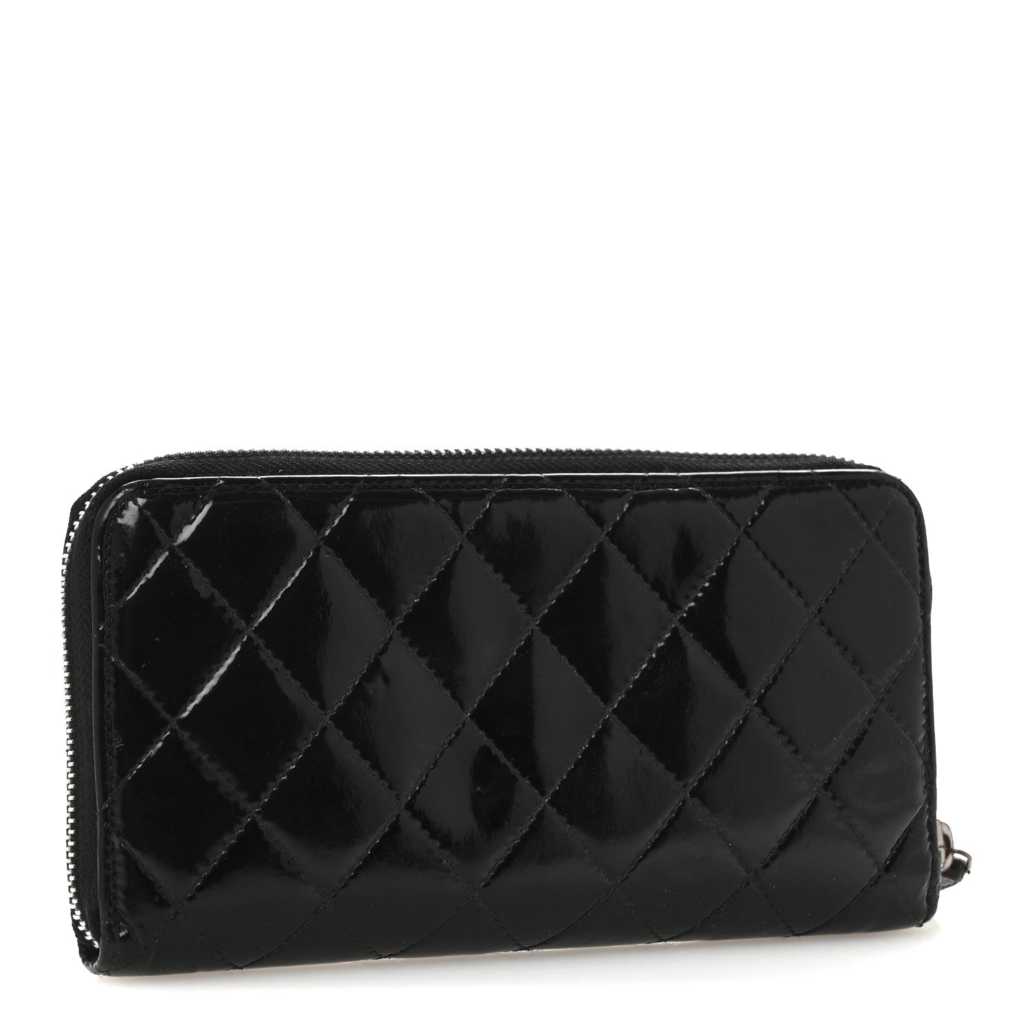 Patent Quilted Large Gusset Zip Around Wallet Black