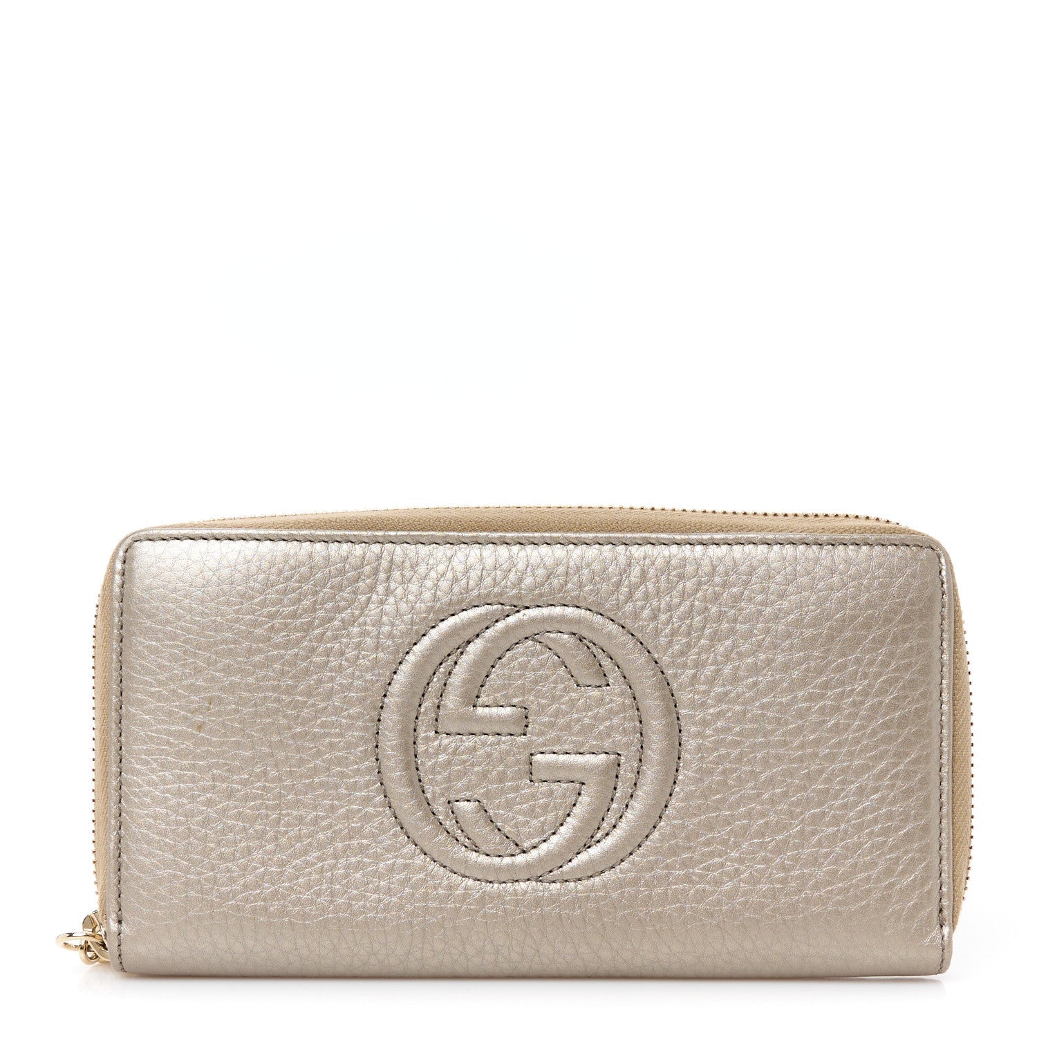 Metallic Pebbled Calfskin Soho Zip Around Wallet Golden Beige