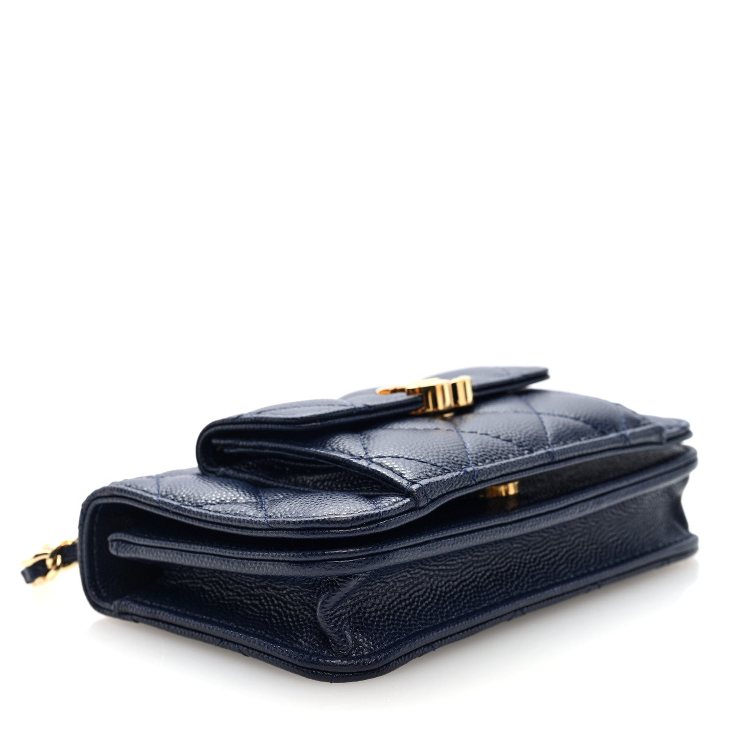 Caviar Quilted Pocket Twins Clutch With Chain Navy Blue