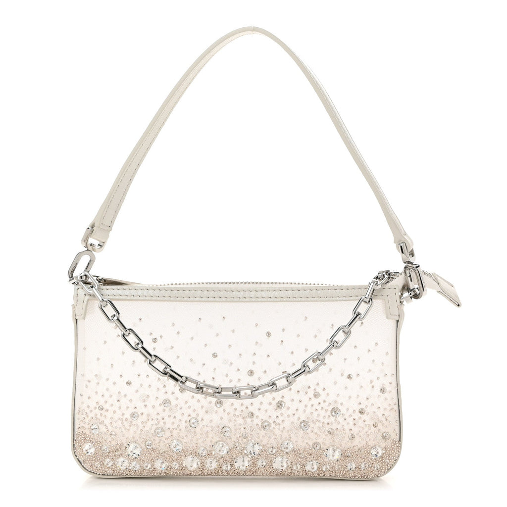 Mesh Fabric Crystal Embellished Mini Loubila Chain Clutch Bianco Silver