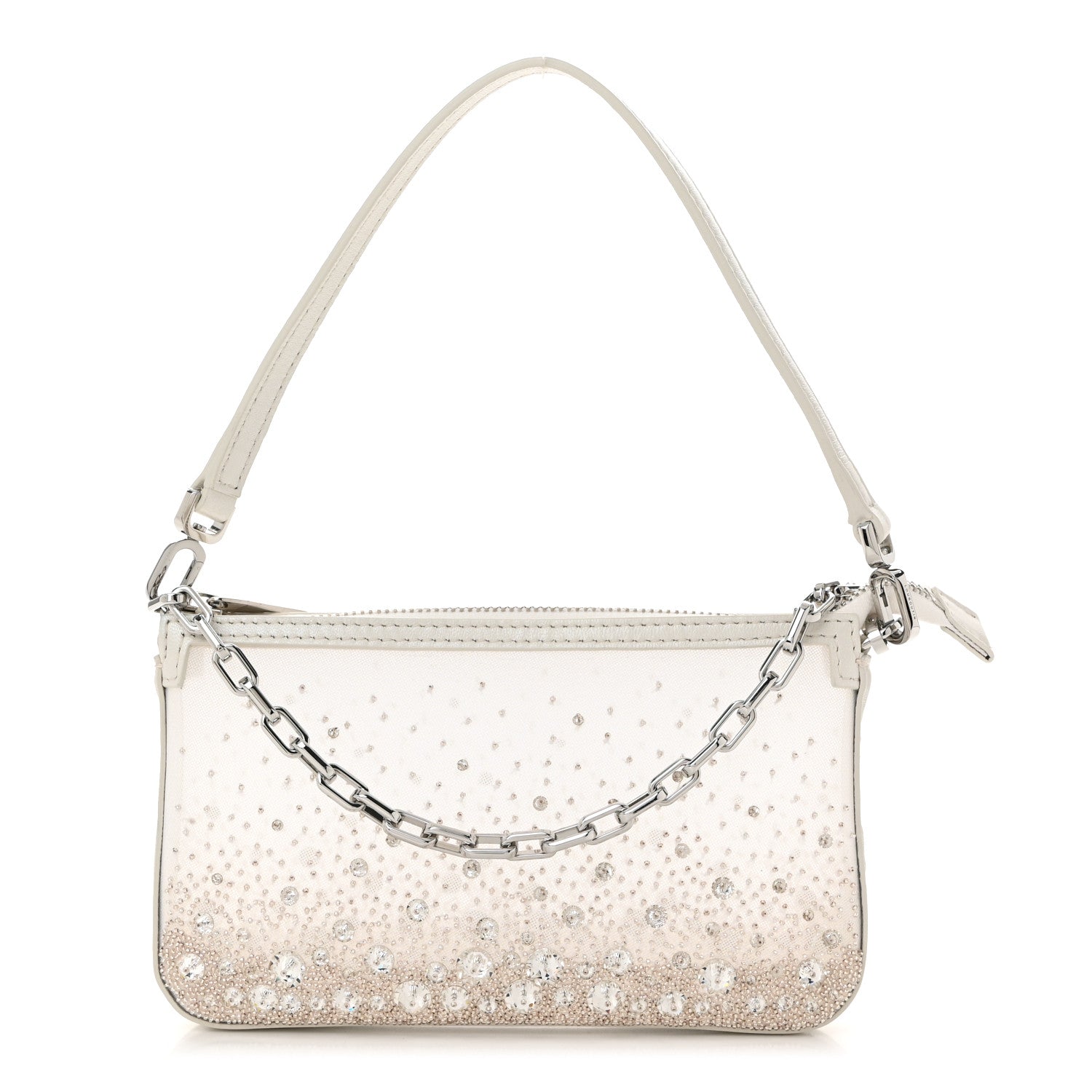Mesh Fabric Crystal Embellished Mini Loubila Chain Clutch Bianco Silver