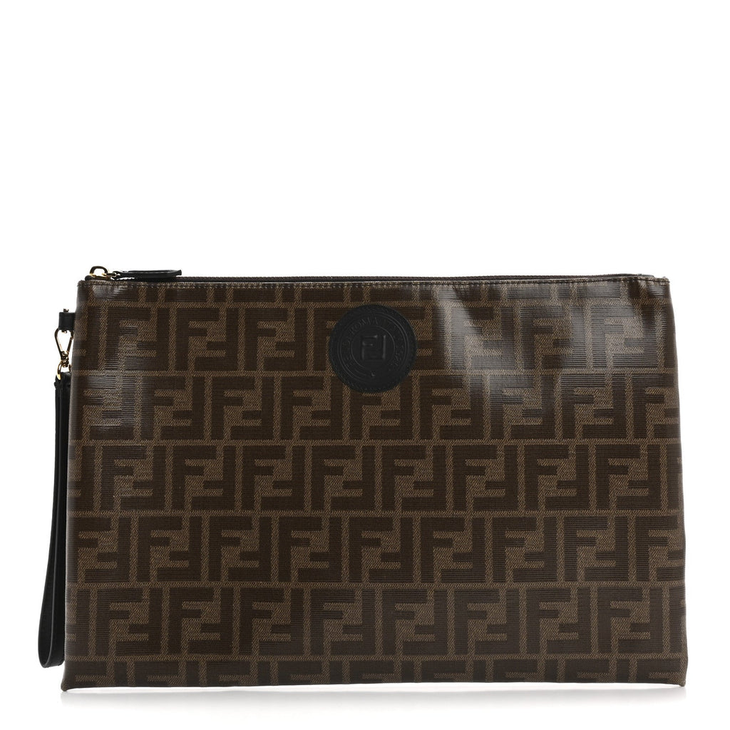Glazed Fabric Vitello Century FF 1974 Stamp Patch Large Flat Pouch Mogano Panna Black
