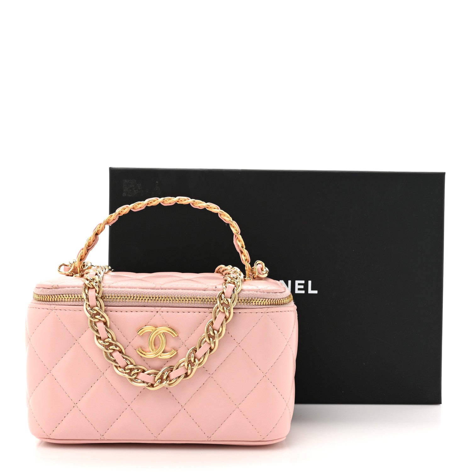 Lambskin Quilted Small Top Handle Vanity Case With Chain Light Pink