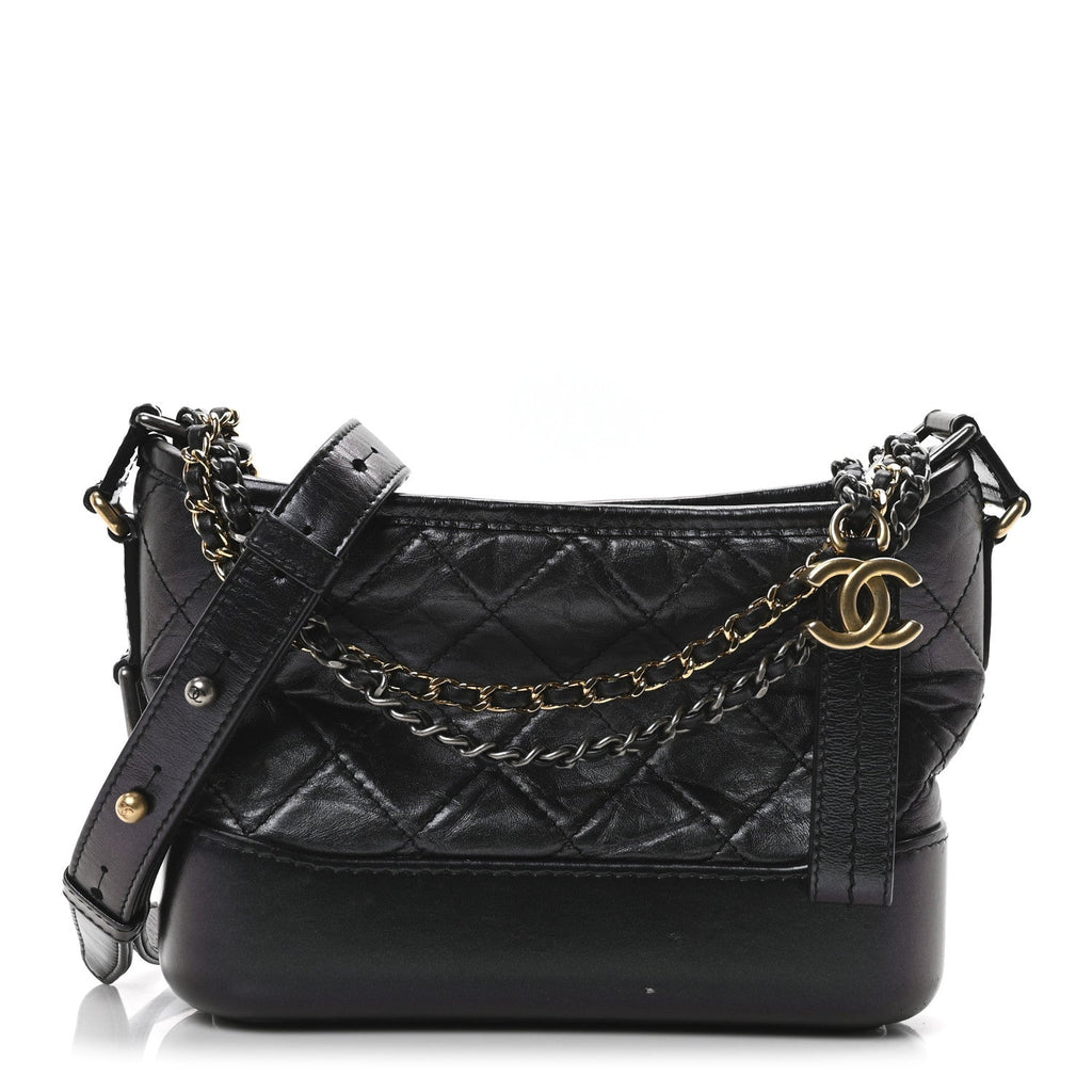 Iridescent Aged Calfskin Quilted Small Gabrielle Hobo Black
