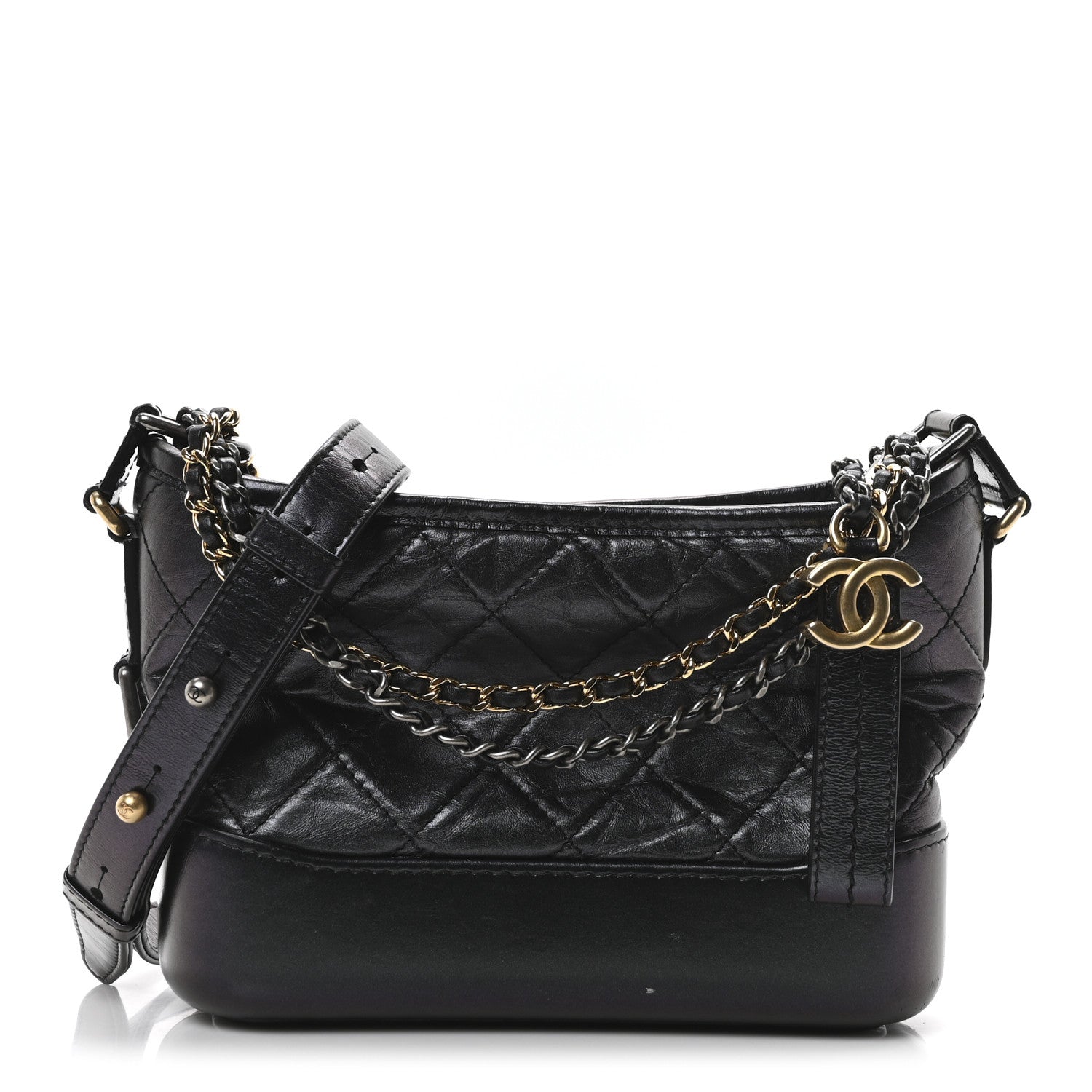 Iridescent Aged Calfskin Quilted Small Gabrielle Hobo Black