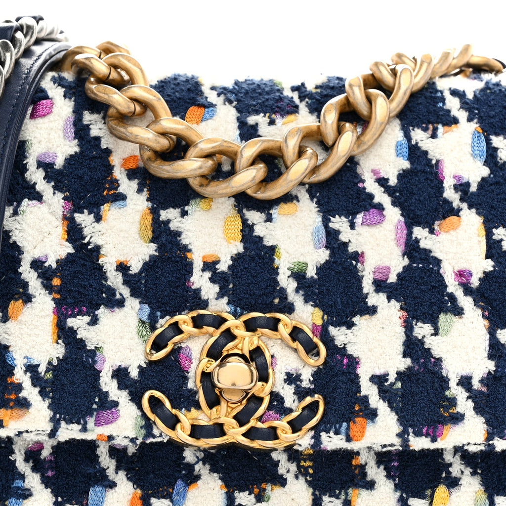 Tweed Quilted Medium Chanel 19 Flap Ecru Navy Blue Multicolor