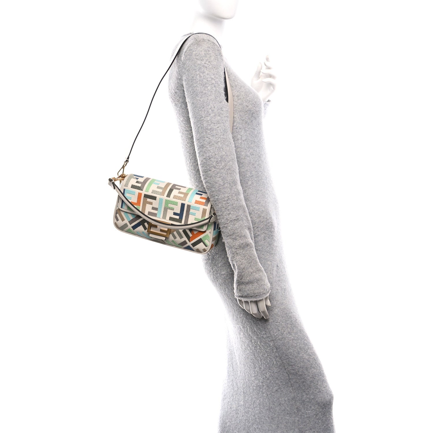 Canvas Vitello Seta FF Multicolor Embroidered Baguette Grezzo Multicolor Latte