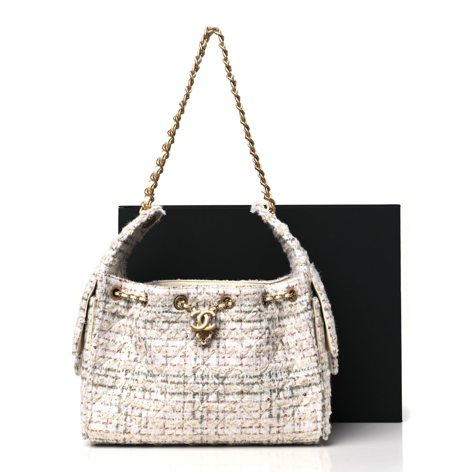 Tweed Quilted Small Chanel 25 Handbag Ecru Khaki Gold Red