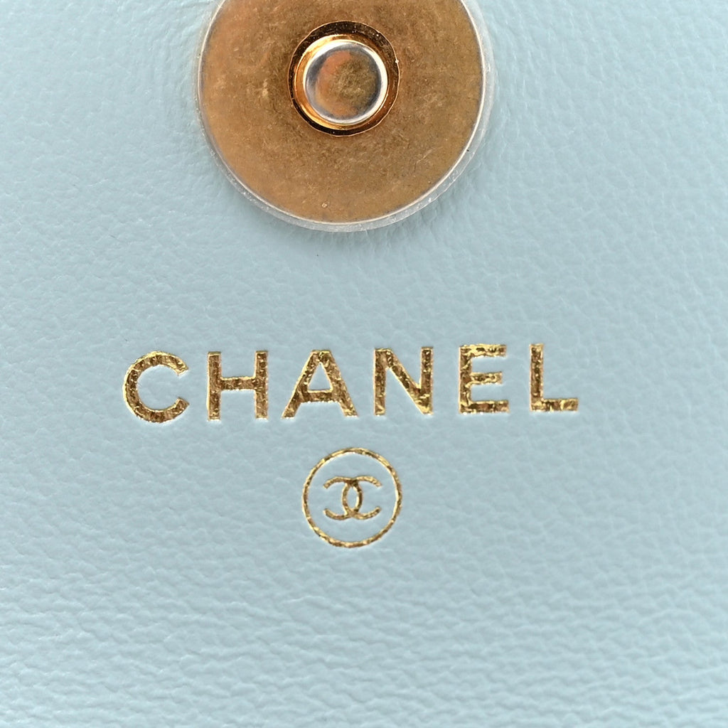 Lambskin Enamel Quilted Pending CC Flap Belt Bag Light Blue