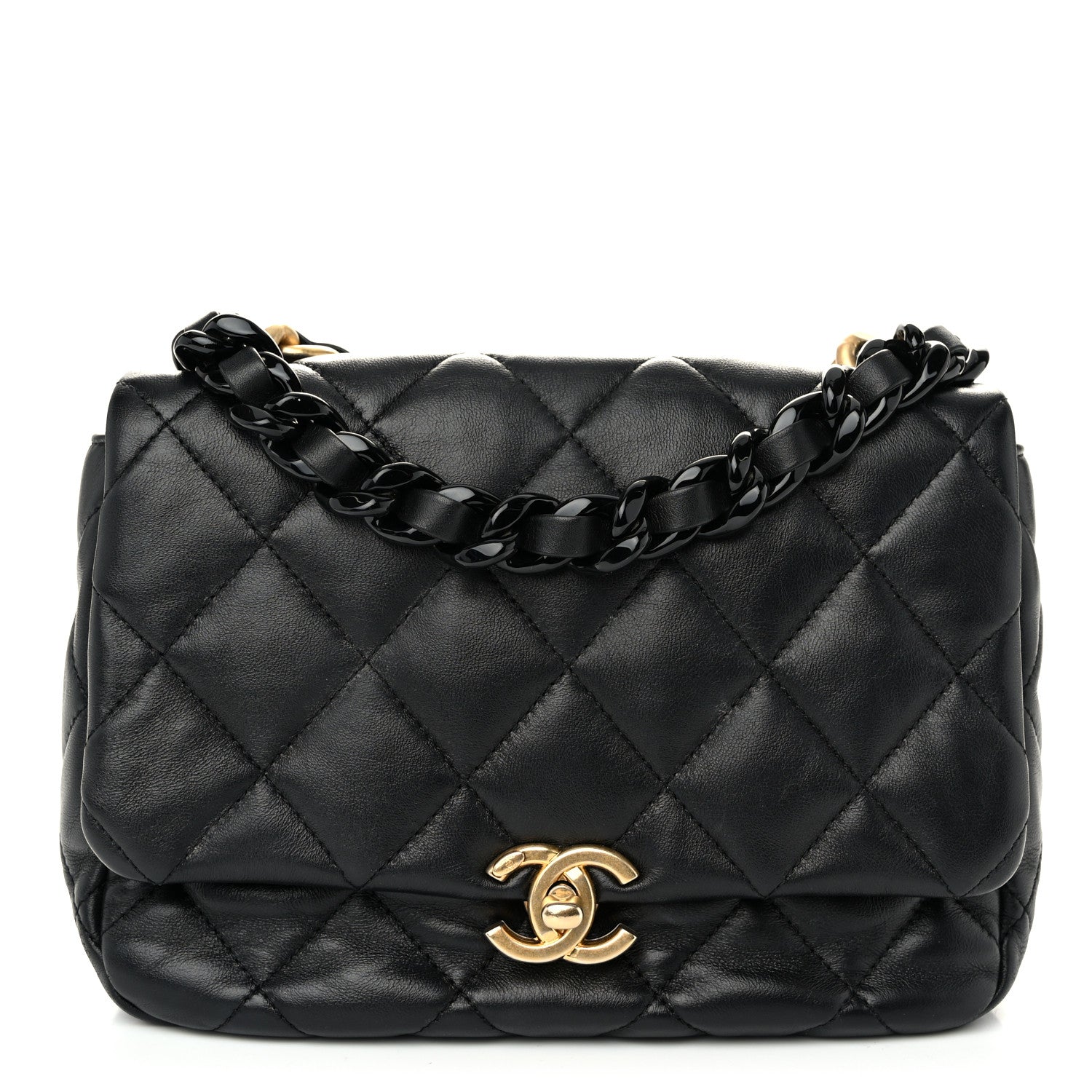 Lambskin Quilted Small Lacquered Chain Flap Black