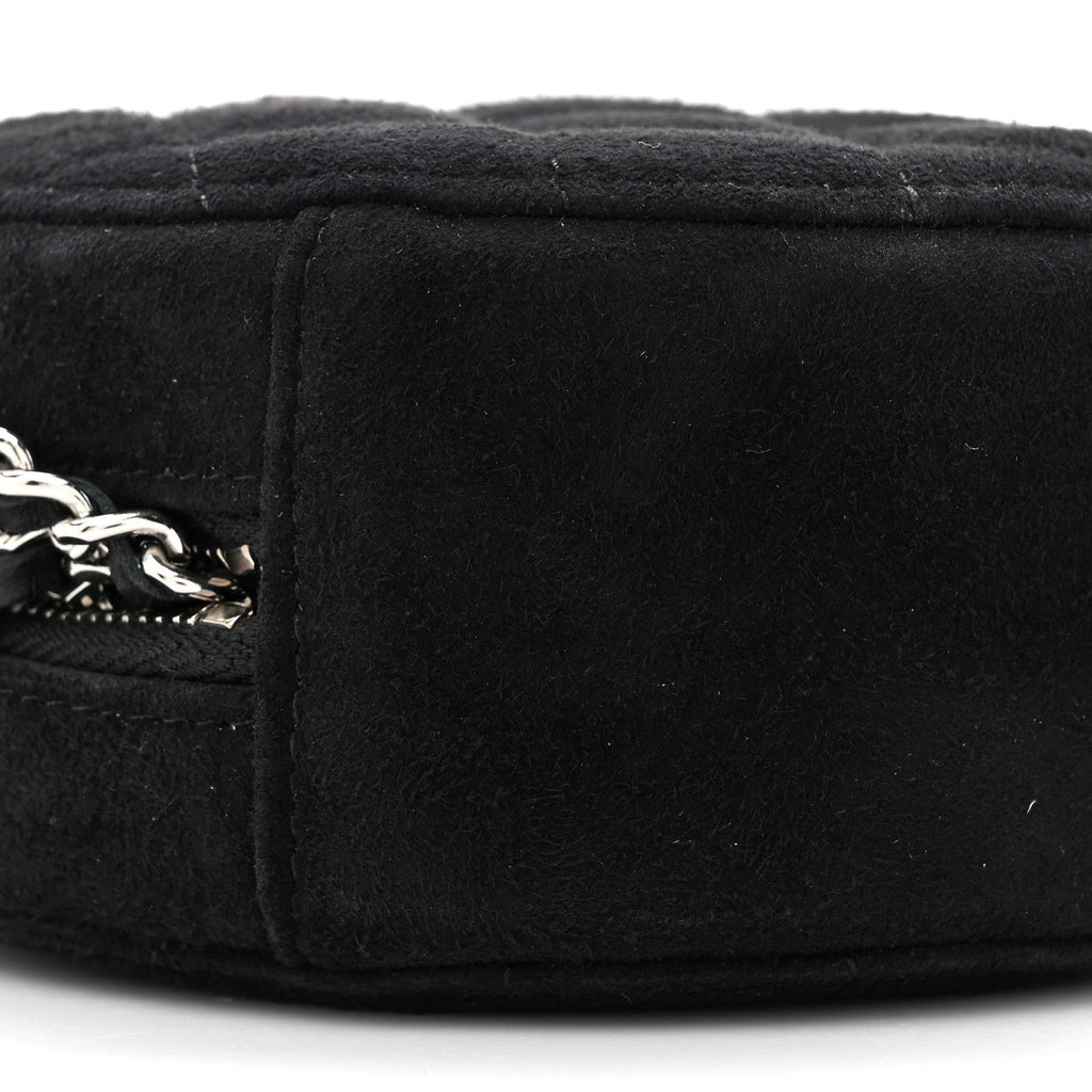 Suede Quilted Crystal Round Clutch With Logo Chain Black