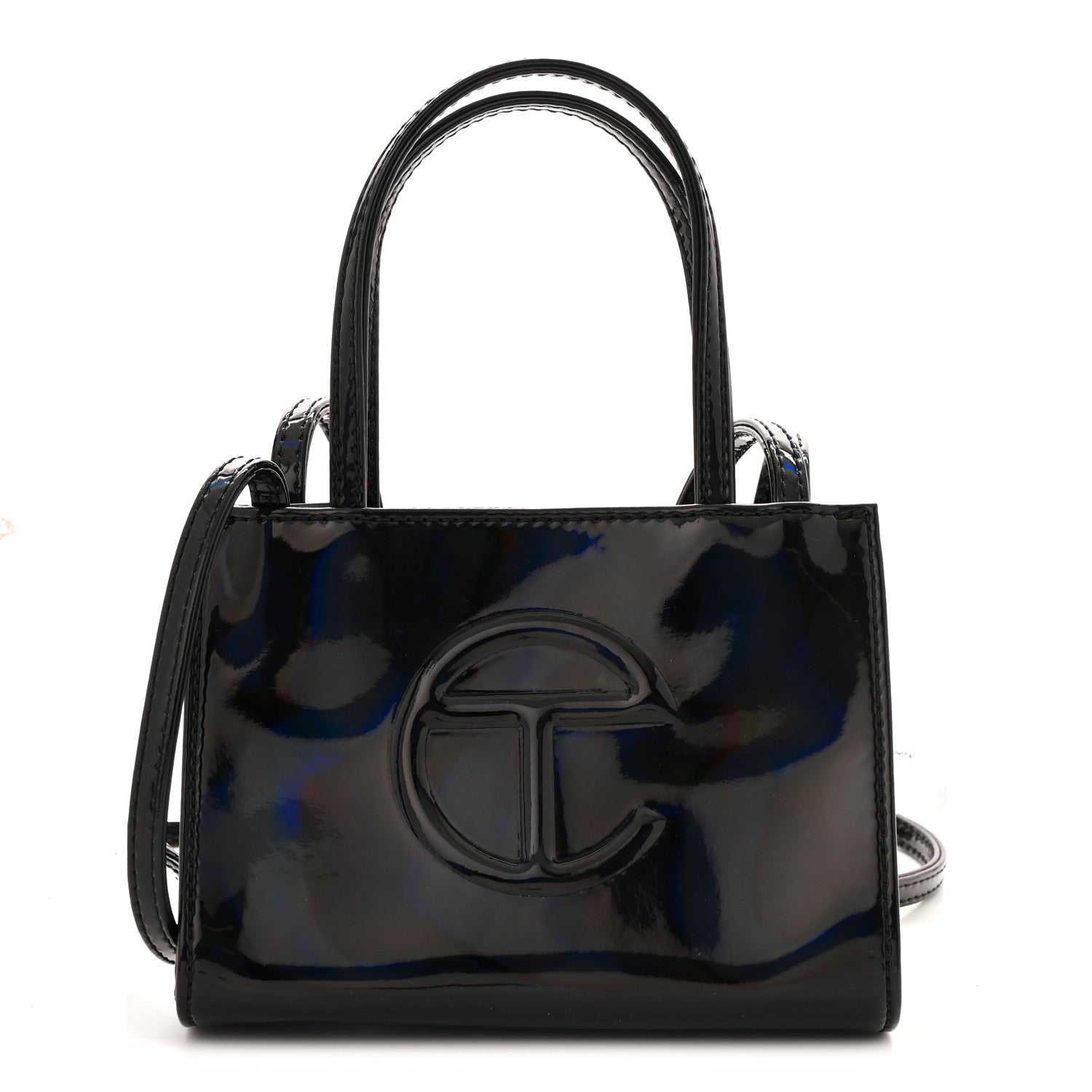 Patent Vegan Leather Small Shopping Bag Black Rainbow