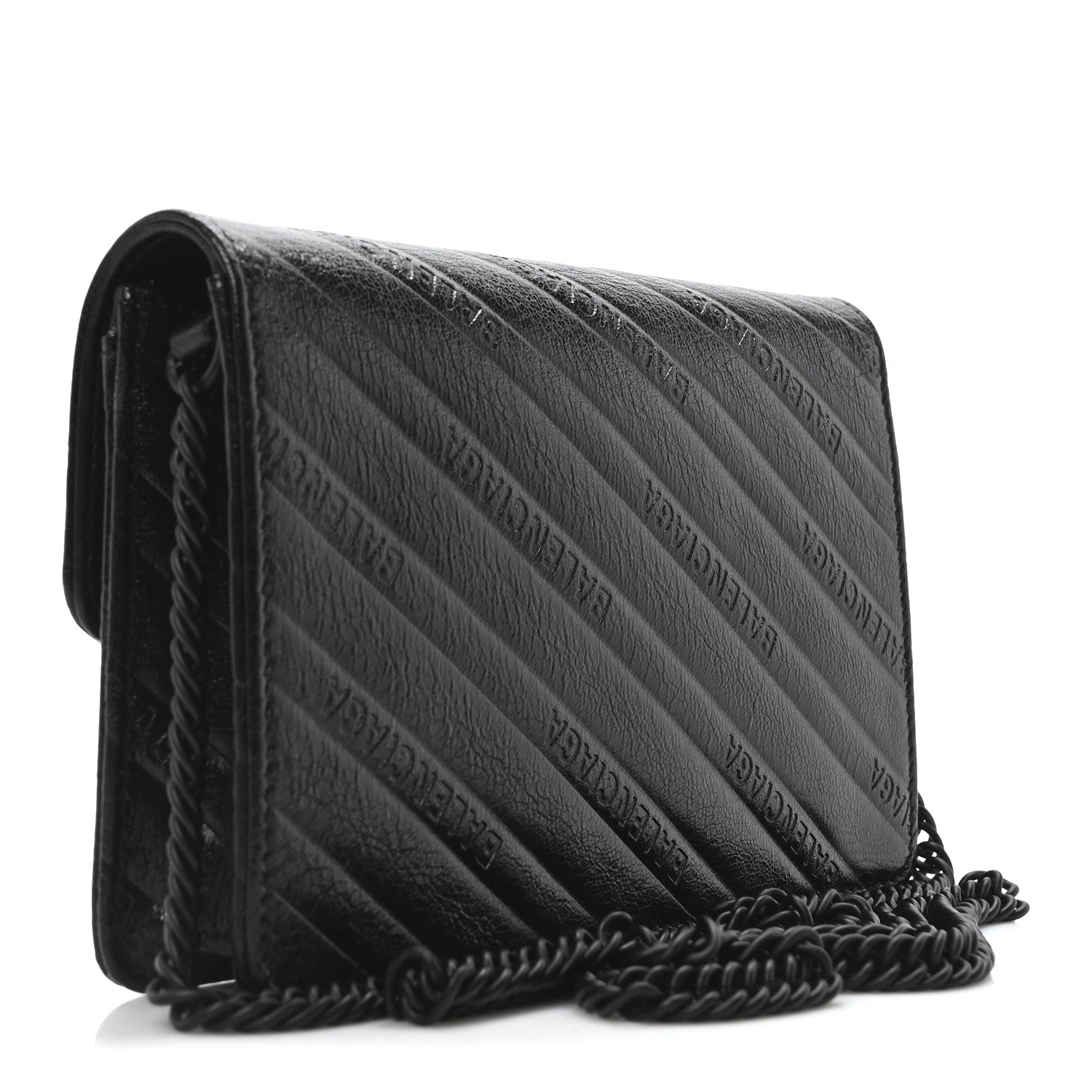 Shiny Goatskin Logo Embossed Monochrome BB Wallet On Chain Black