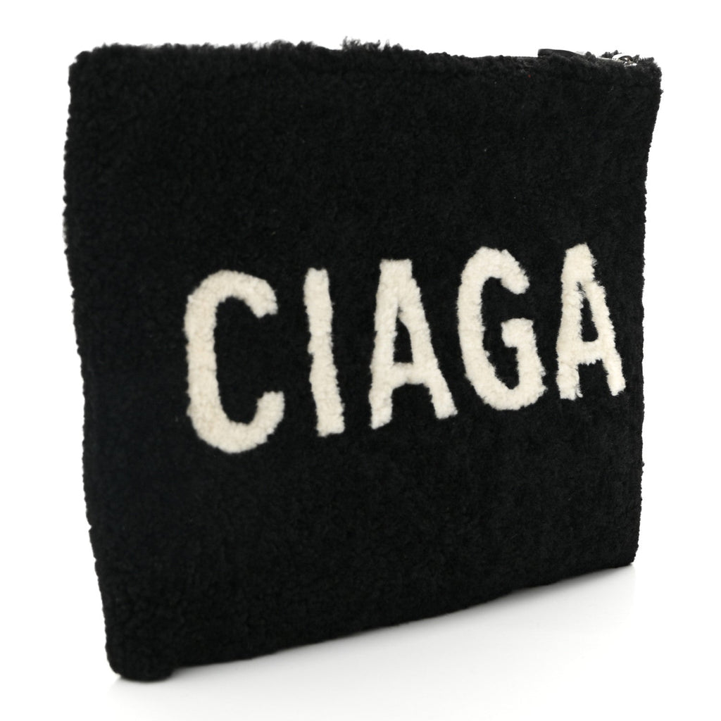 Sheepskin Shearling Contrasted Logo Large Zip Pouch Black