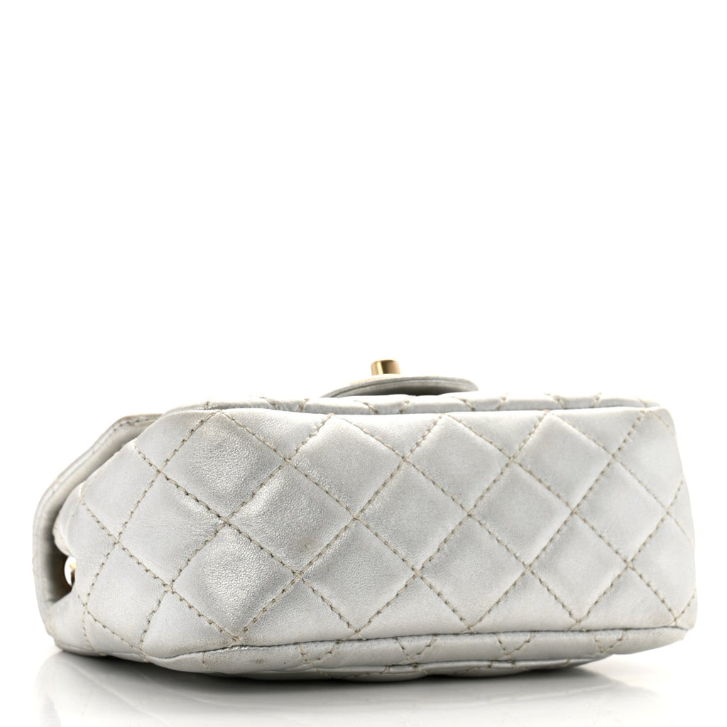 Metallic Lambskin Quilted Mini Square Flap Silver
