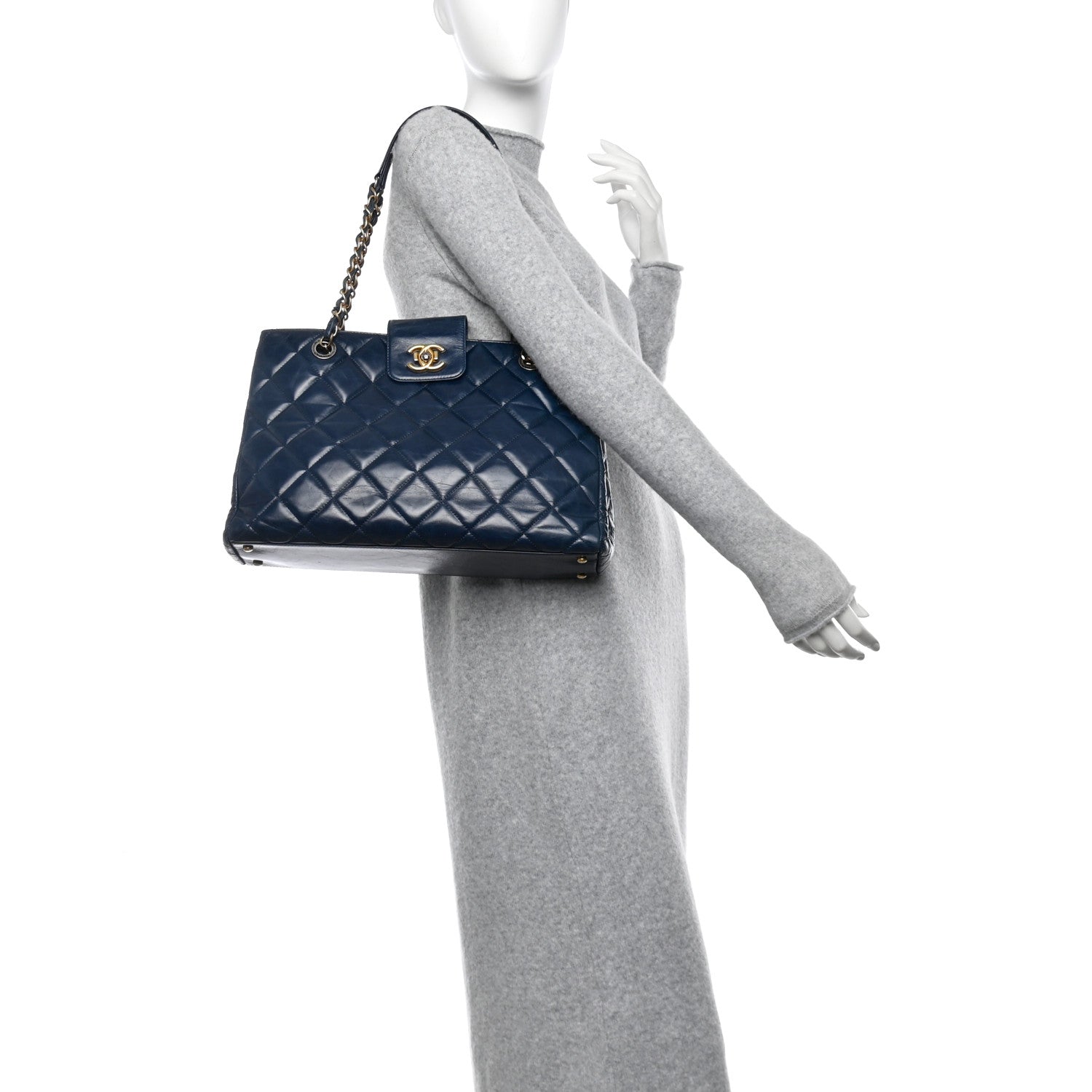 Glazed Calfskin Quilted Daily Walk Tote Navy