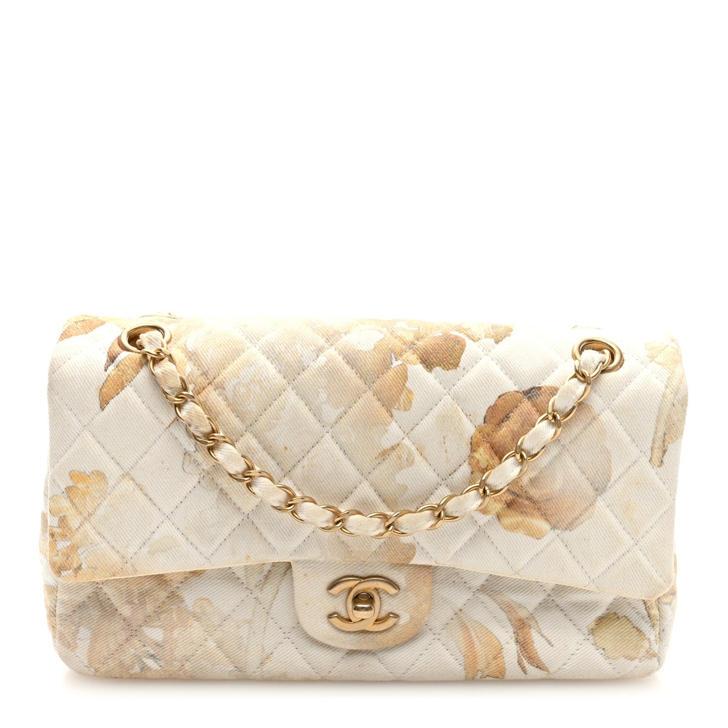 Denim Floral Printed Medium Double Flap Beige