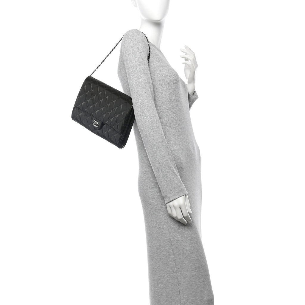 Striated Patent Quilted Clutch With Chain Flap Dark Grey