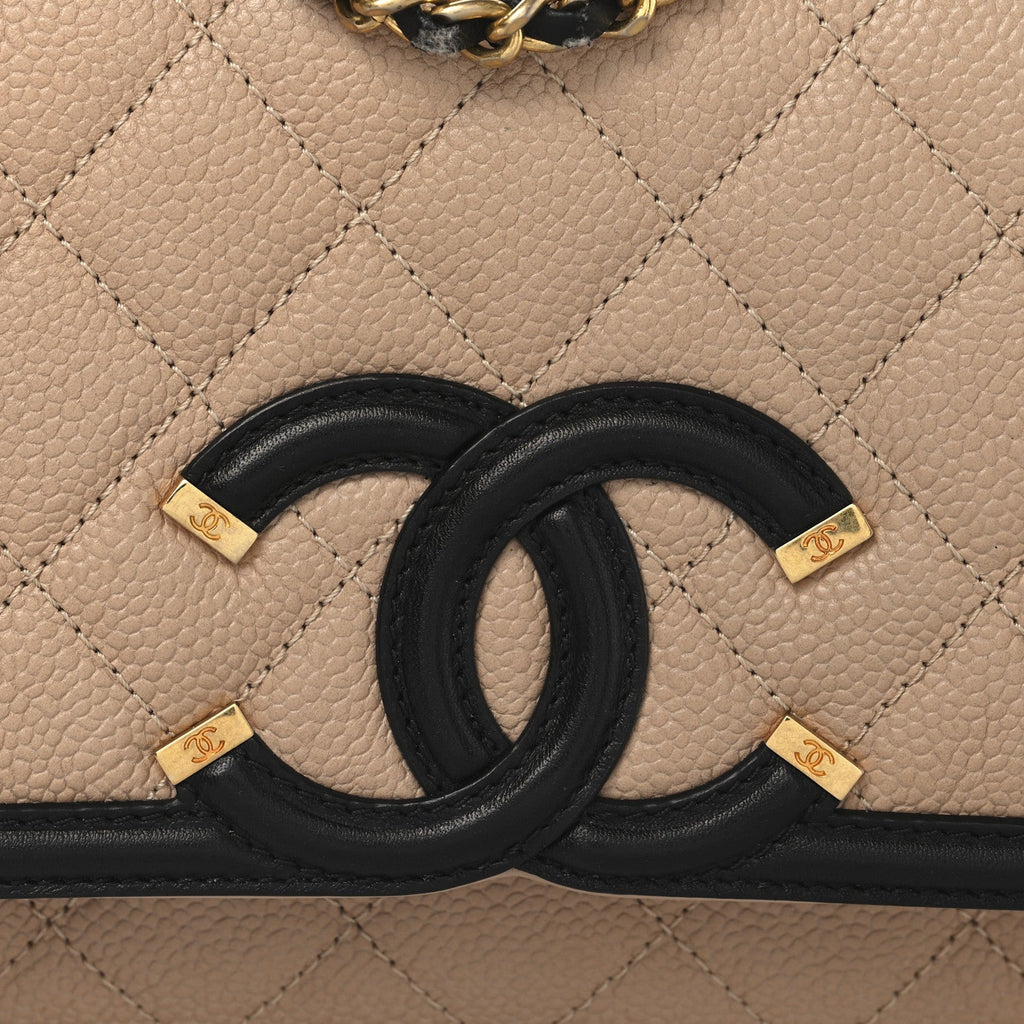 Caviar Quilted Small CC Filigree Flap Beige Black
