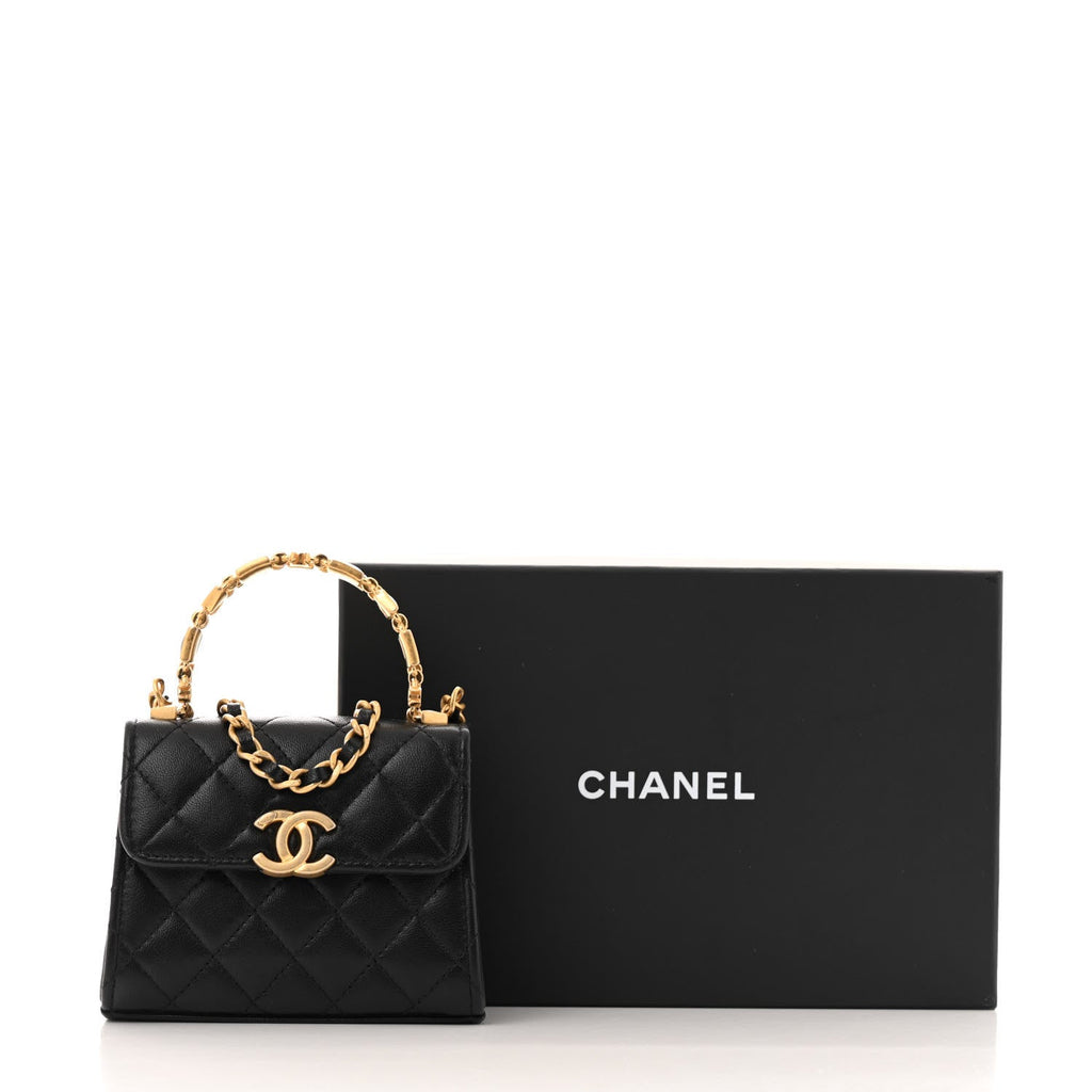Lambskin Enamel Quilted Mini Top Handle Flap Black