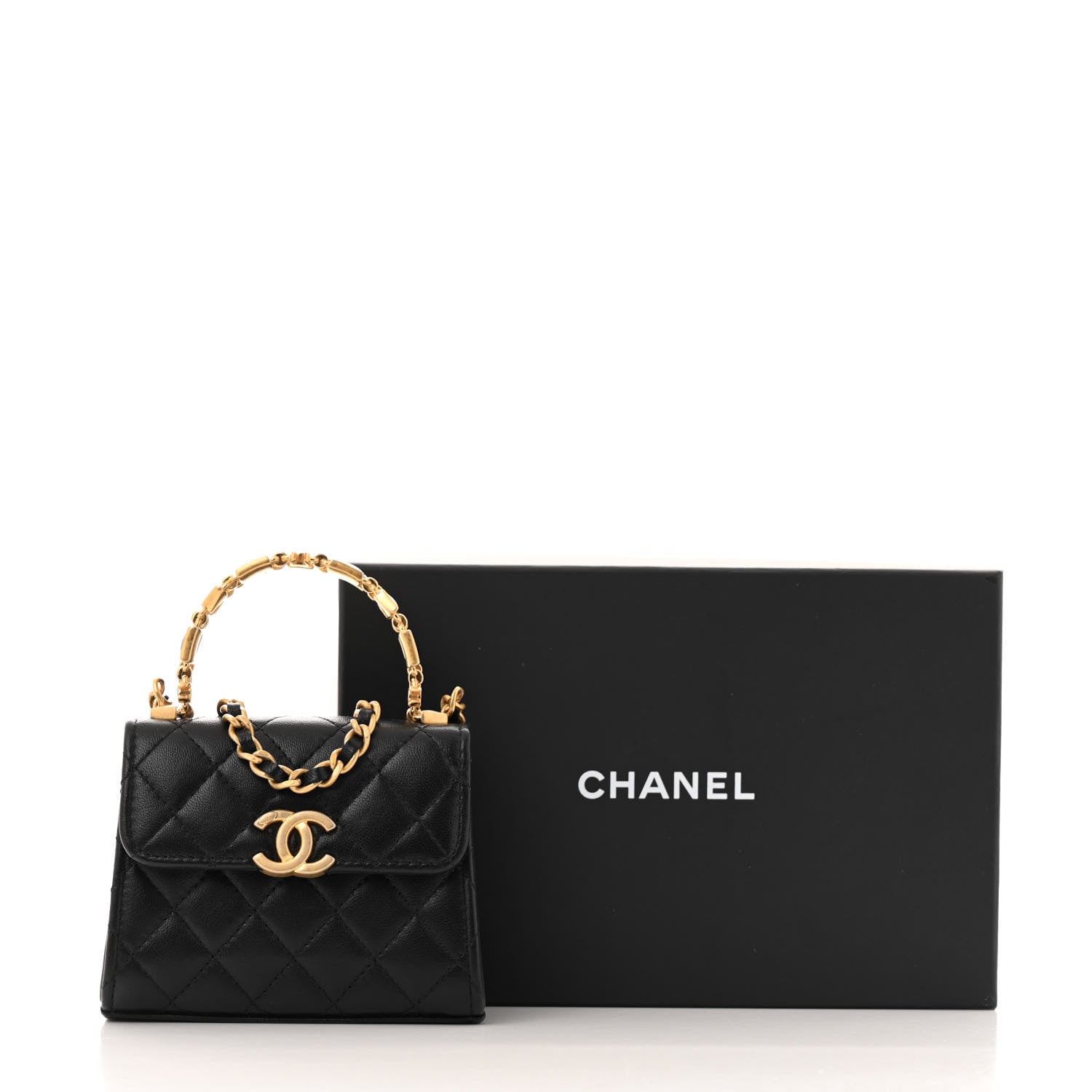 Lambskin Enamel Quilted Mini Top Handle Flap Black