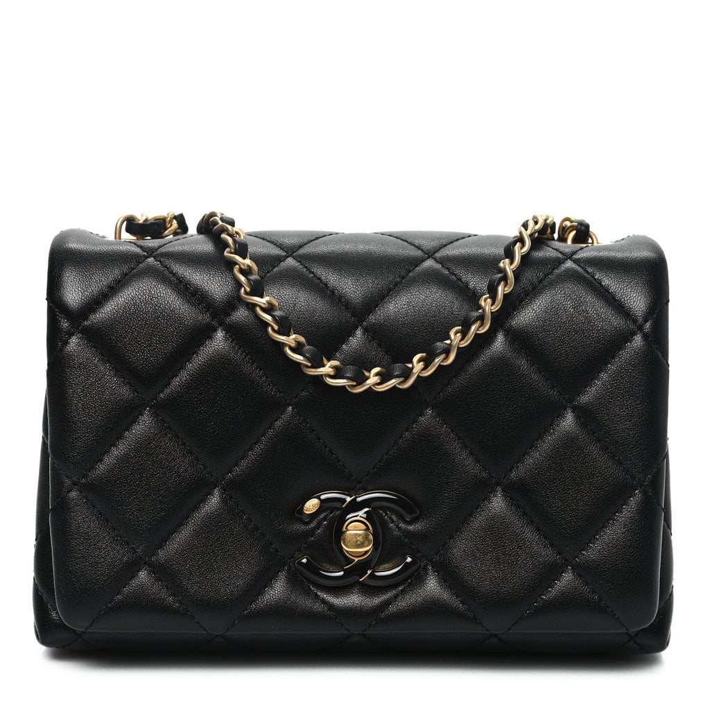 Shiny Lambskin Quilted Enamel CC Mini Flap Black