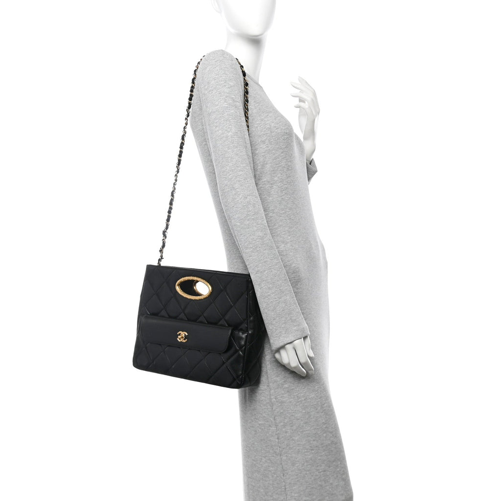Lambskin Quilted Clutch Large Flap Bag Black