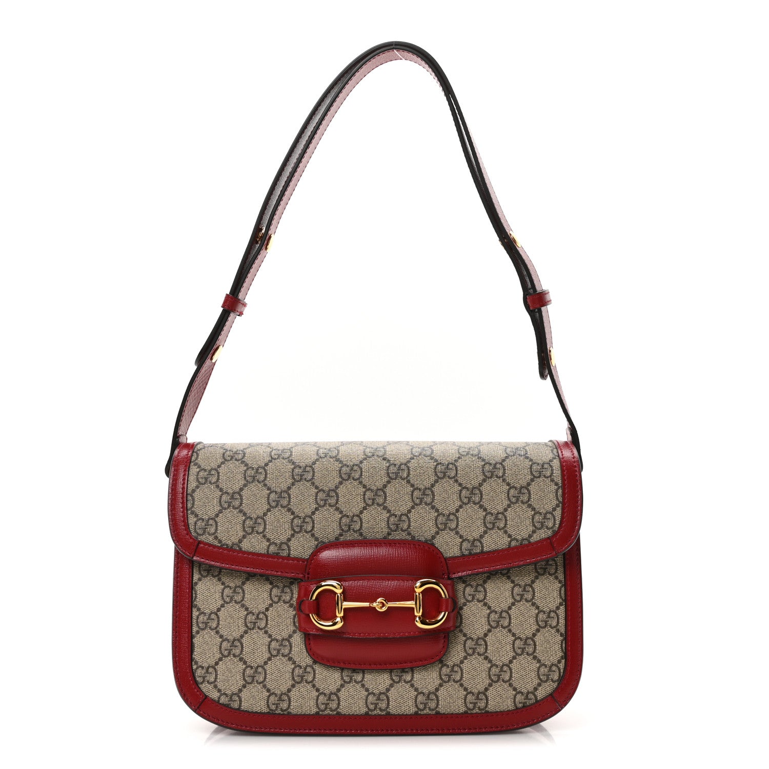 GG Supreme Monogram Azalea Calfskin Horsebit 1955 Shoulder Bag Beige Ebony New Cherry Red
